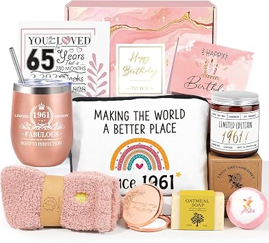 65th Birthday Gifts for Women, Vintage 1961 Happy 65th Birthday Gifts Basket for Women, Unique Gift Ideas for 65 Year Old Female Mom Wife Grandma, Best Cool 9 in 1 Bday Gift Turning 65 Year Old