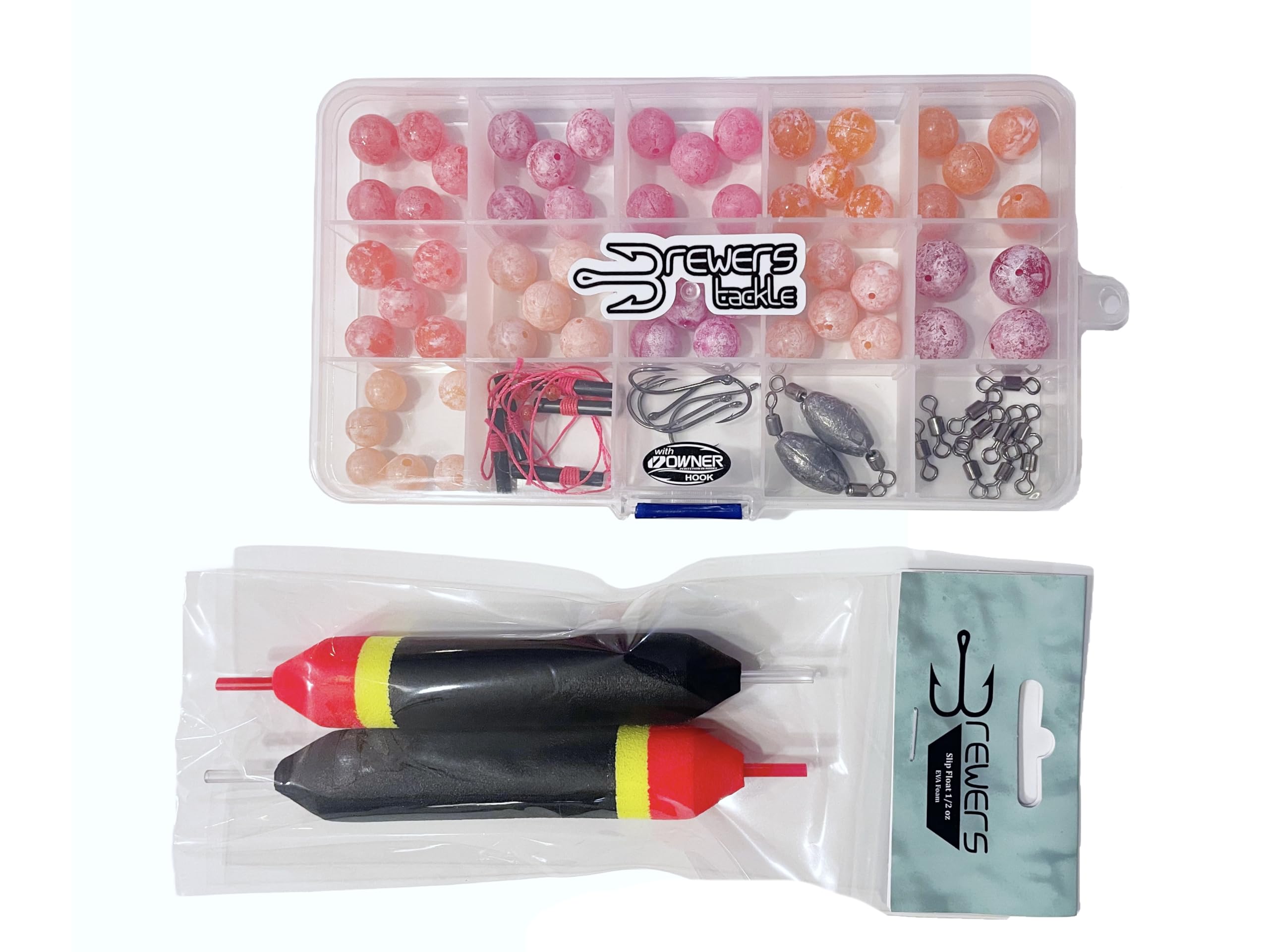 Steelhead Bead Fishing Kit, Includes 55 Beads, 5 Owner Mosquito Size 1 Hooks, 2 Slip Floats, 5 Bobber Stops, 2 Inline Leads and 10 Swivels - 10mm, 12mm, 14mm Hard Beads in This Tackle Pack