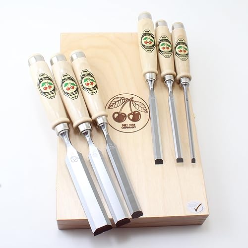 Two Cherries 500-9060 - Juego de cinceles (6 piezas, en caja de madera) Cuchillas sin pulir.