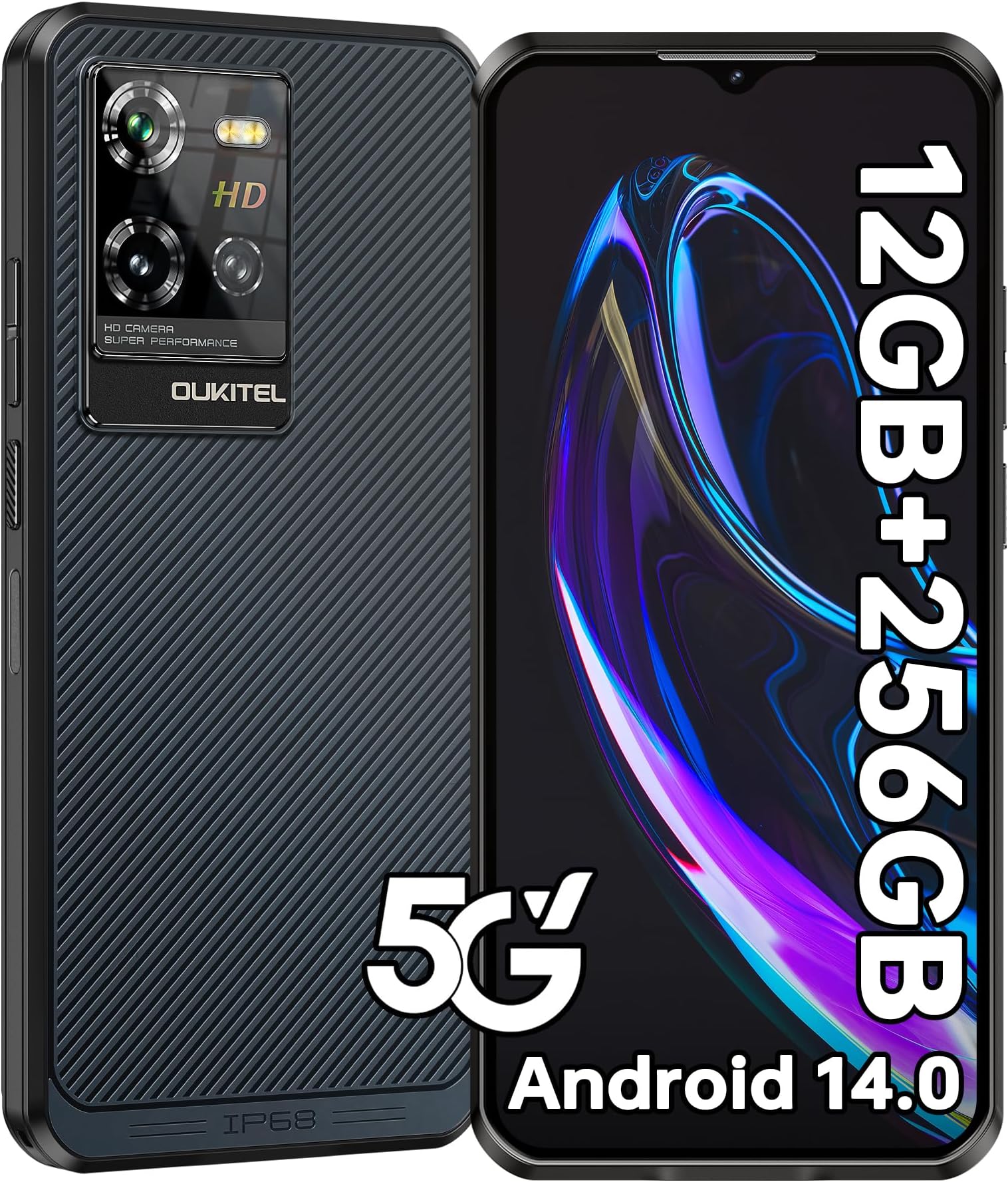 OUKITEL WP50 Rugged Phone Unlocked 5G-12GB RAM+256GB ROM Cell Phones, 6.6" Screen, 48MP Camera, 6500mAh Battery Smartphone, 5G Dual SIM Android 14 IP68/IP69K Waterproof Phone, NFC/GPS/T-Mobile, Blue