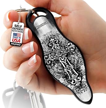 MUNIO Self Defense Keychain Lightweight, Stylish & Portable Safety Tool for Women & Men Non-Lethal Kubotan, Easy to Use, TSA Approved Made in USA Cross Design