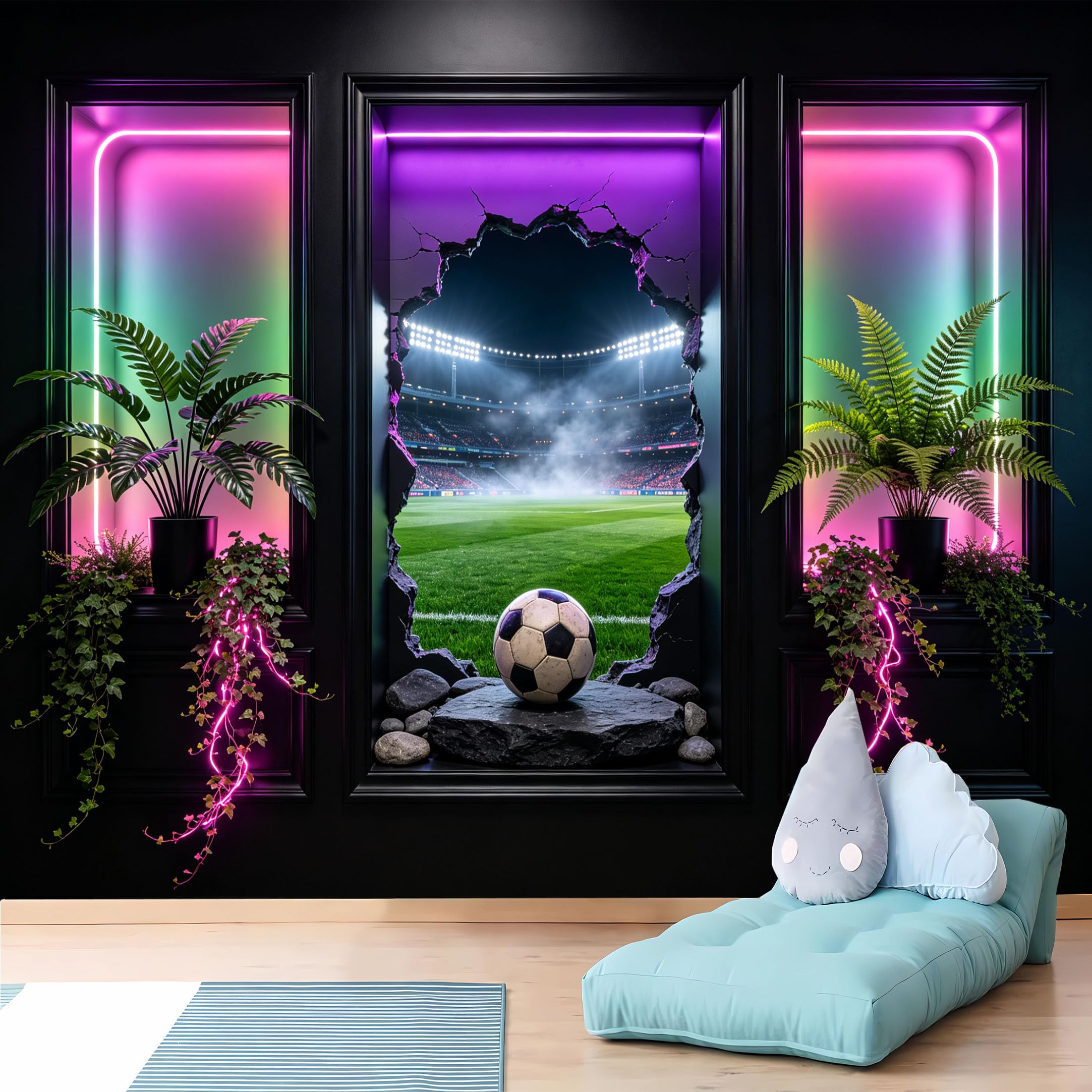 Custom Size Wall Murals,3D Soccer Stadium Breakthrough Wall with Neon Accents Wall Murals,3D,HD,Self-Adhesive Removable Wallpaper for Man Cave Bedroom