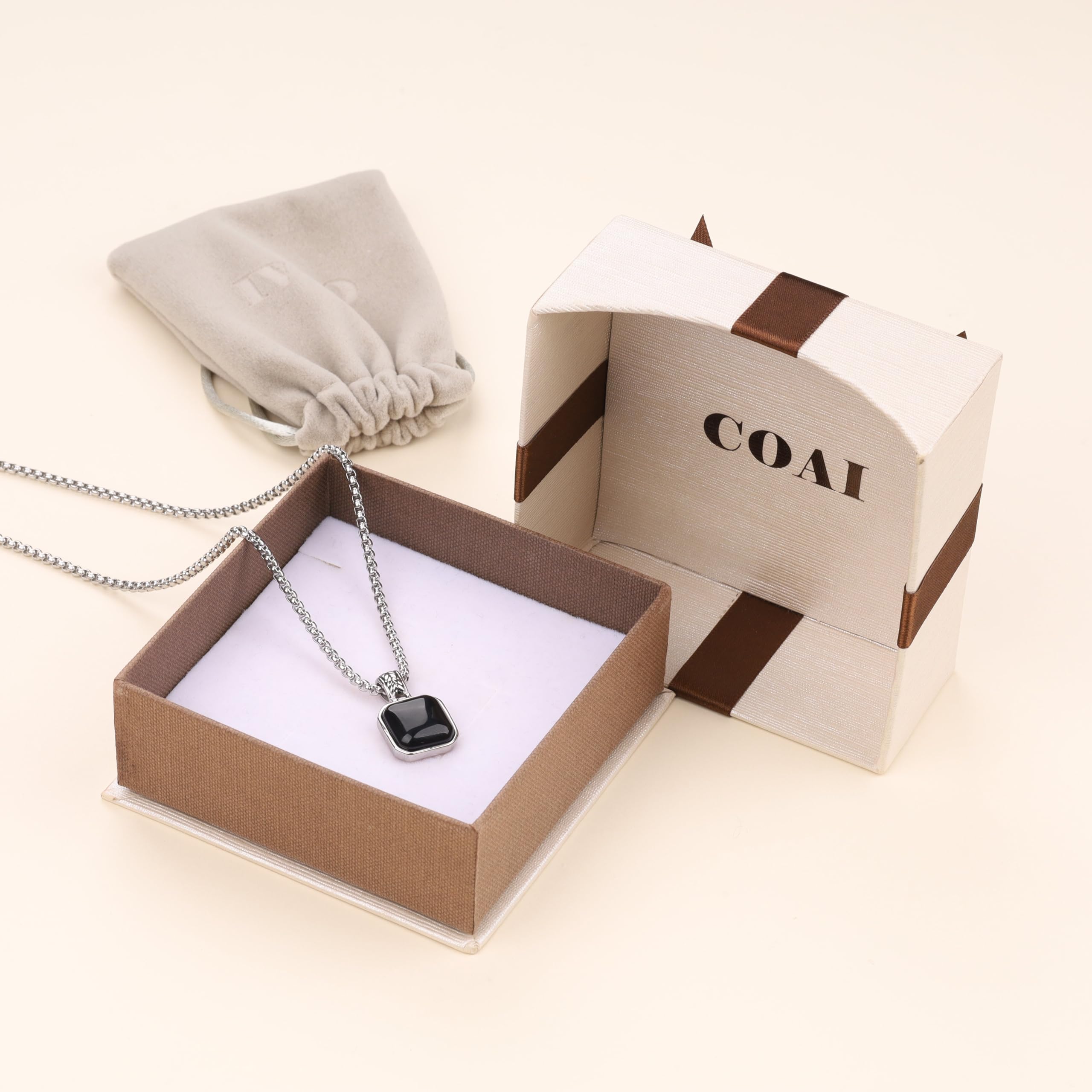 COAI Collana da Uomo con Catena in Acciaio Inox e Ciondolo Quadrato in Pietre Dure