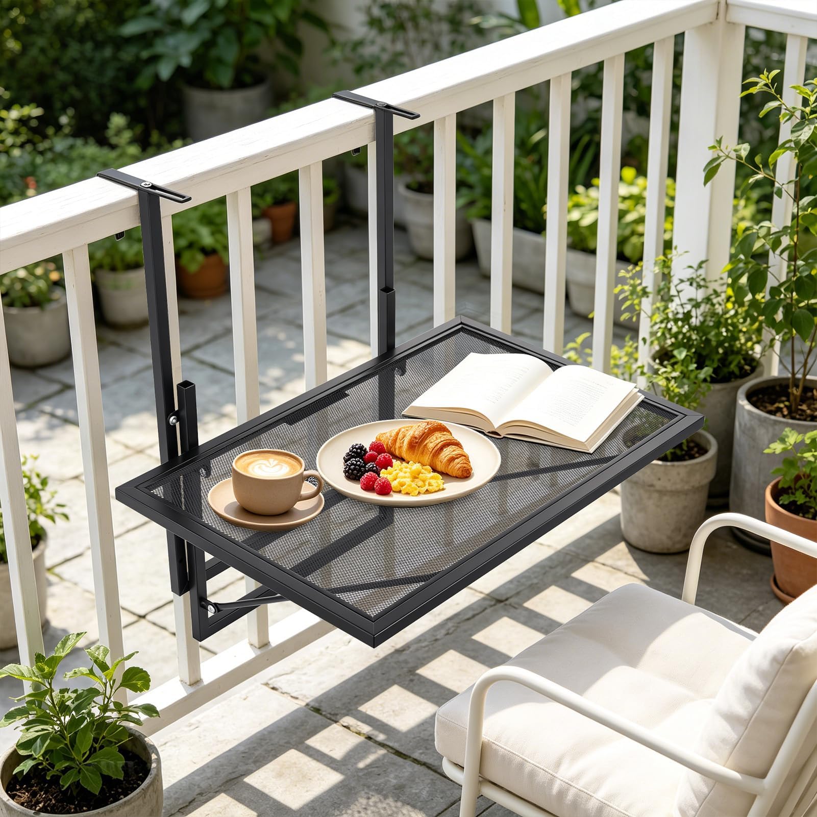 papasbox Tavolo da balcone pieghevole, 60 x 40 cm, regolabile in altezza in 5 posizioni, tavolo sospeso, da appendere, per terrazza e balcone