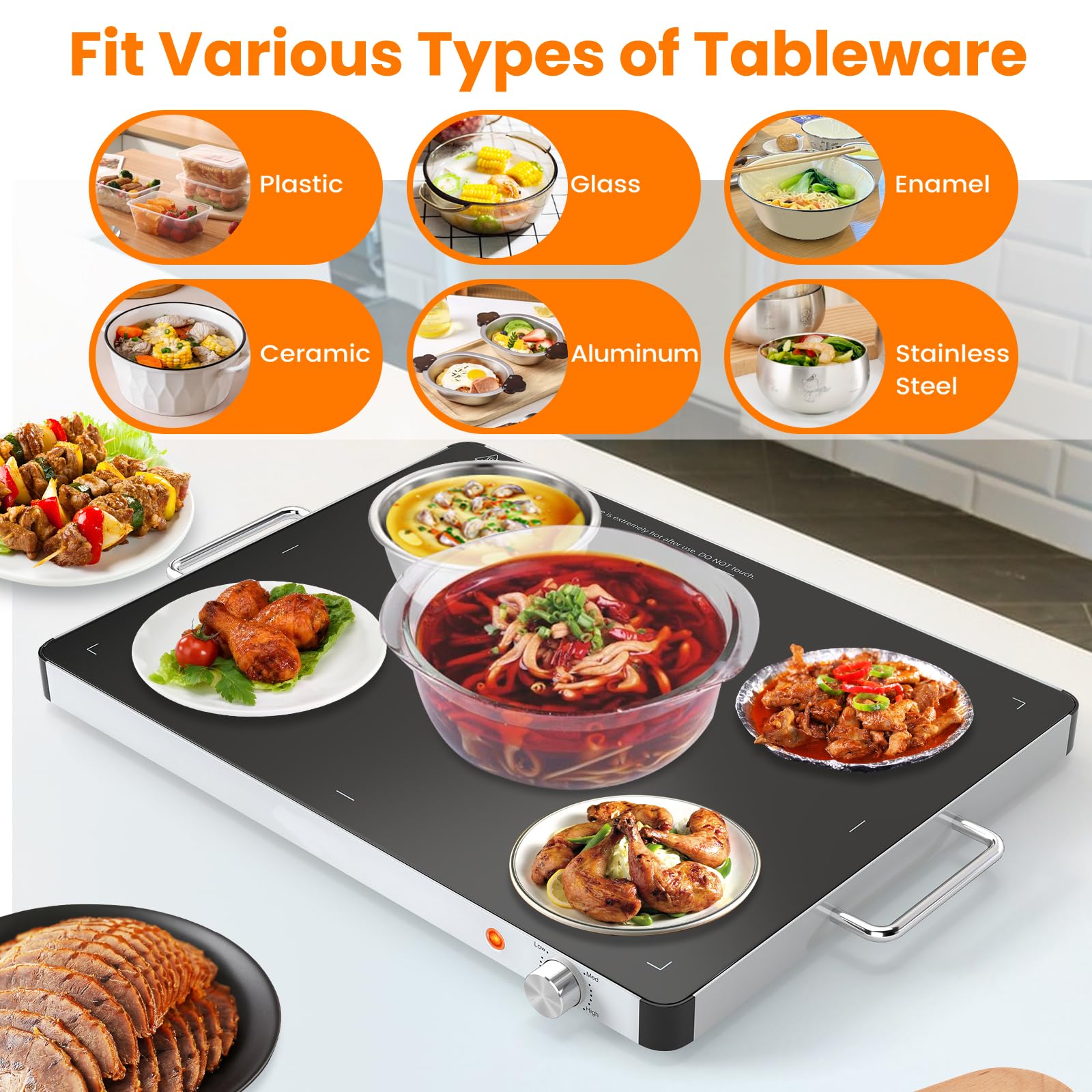 SOARS Chauffe Plat Électrique 400 W, Buffet Chauffant Température Réglable de 30-120℃, Plateau 52 X 39 CM, avec Poignée Cool-Touch, Surface en Verre Trempé, pour Diverses Tablewar, Maison, Fêtes