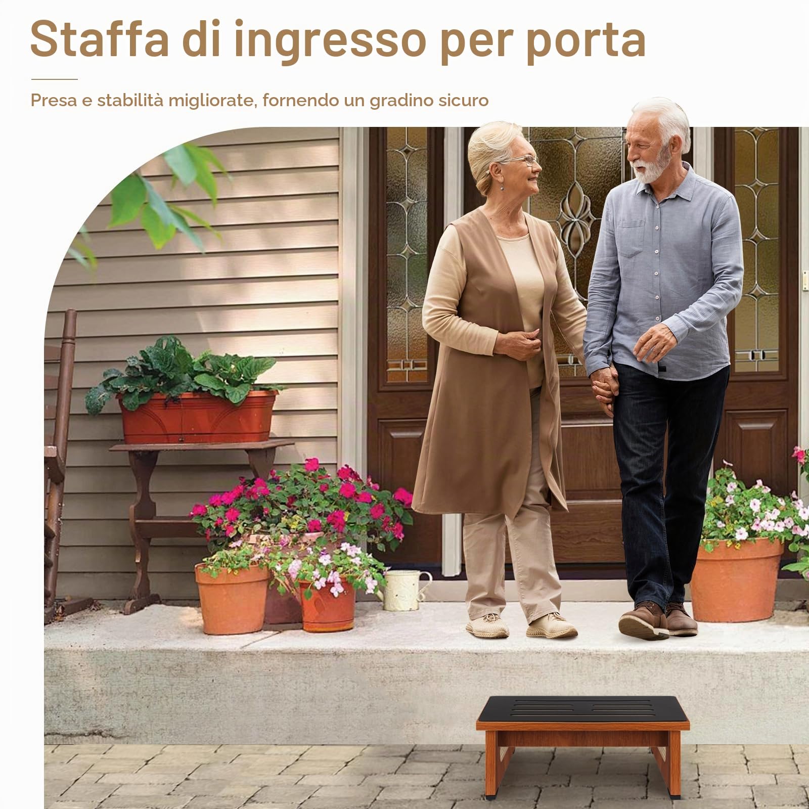 Uno sgabello in legno per adulti e anziani con rivestimento in gomma antiscivolo, per interni ed esterni, 450 Ib, supporto portatile in legno per bagno, cucina, comodino e altro ancora (noce)