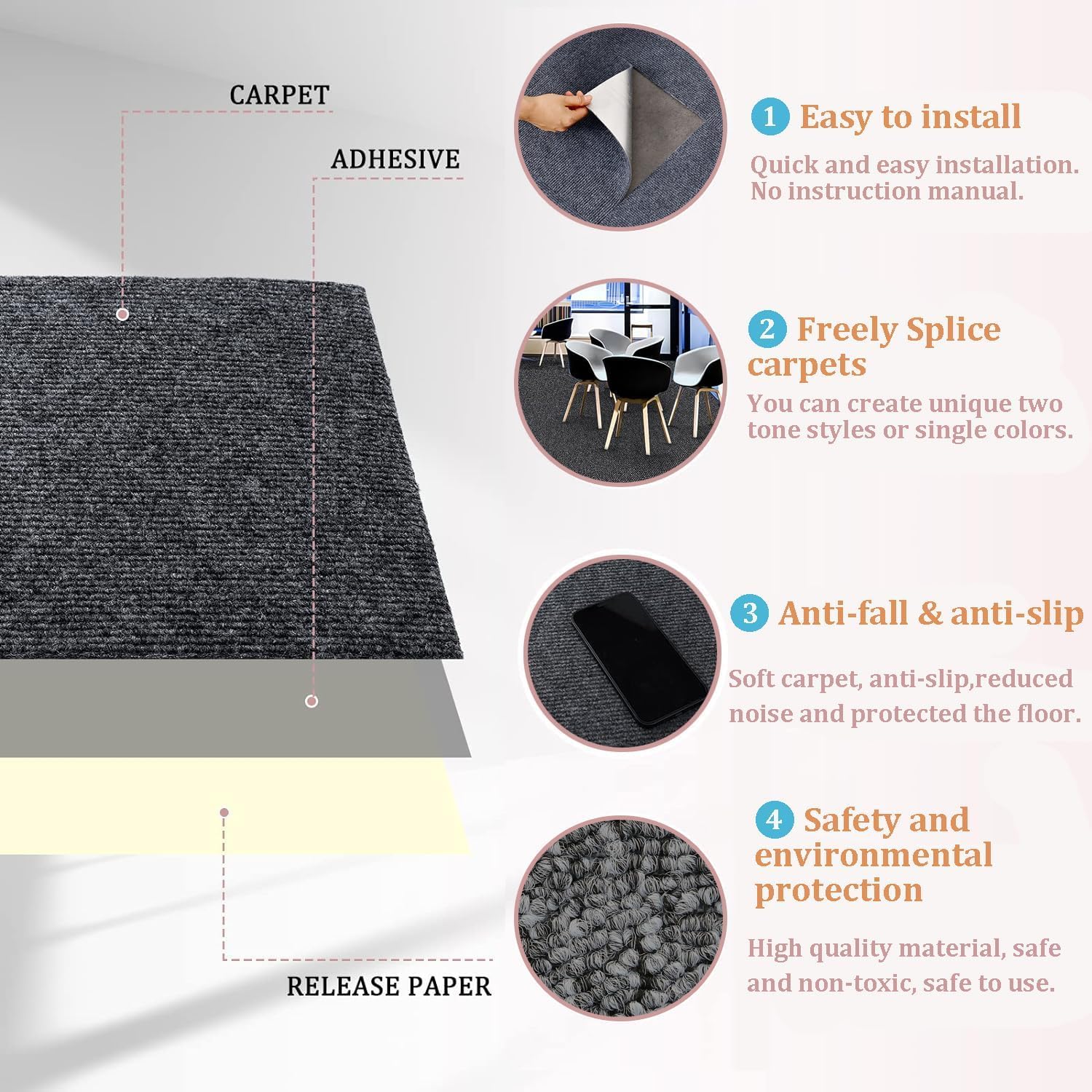 KAHEIGN 30 Pezzi Piastrelle Autoadesive per Moquette, 30CM x 30CM Piastrelle per Pavimenti Facili da Staccare e Incollare Piastrelle per Moquette Resistenti e Antiscivolo per Ufficio (Grigio Scuro)