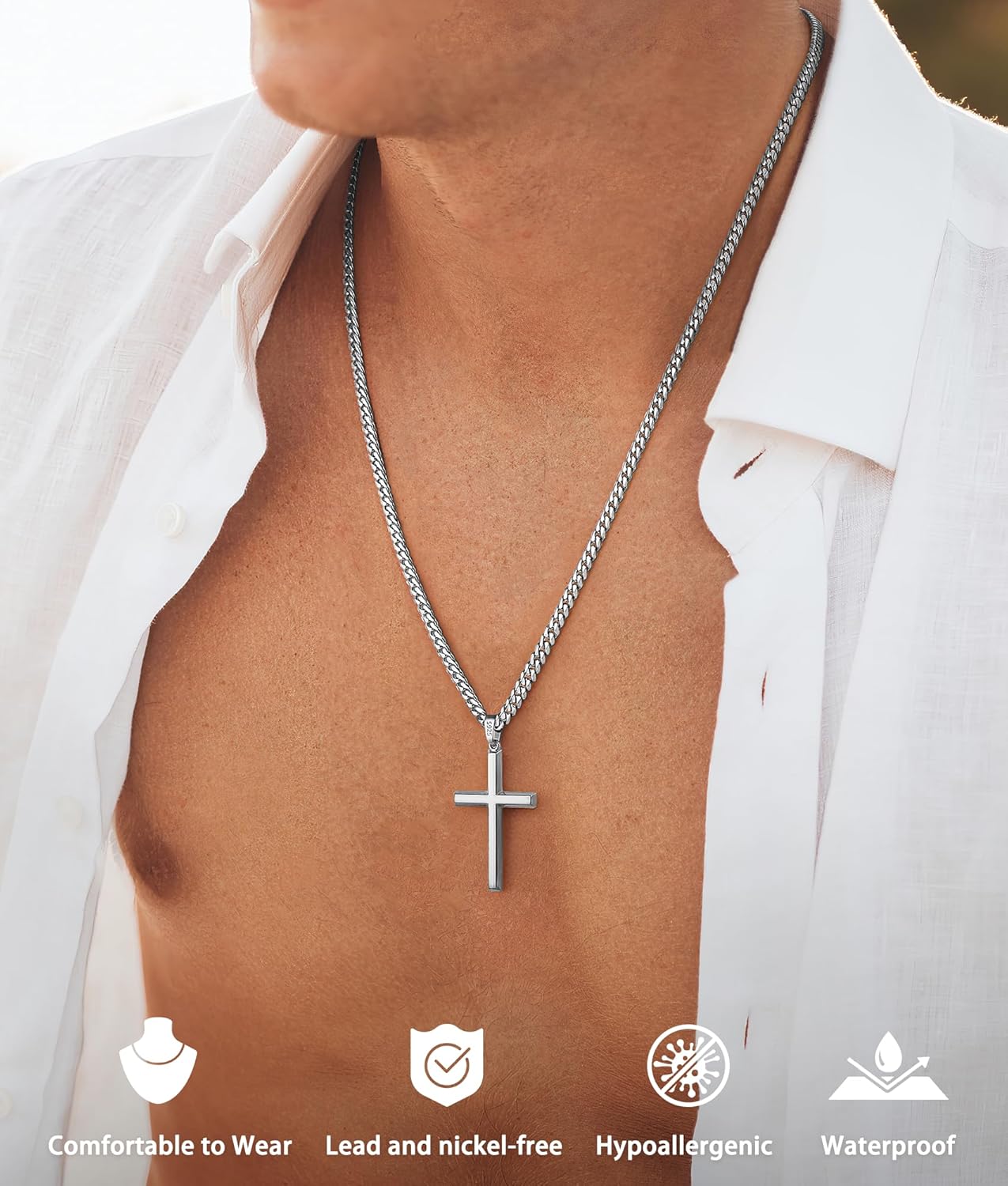 925 Sterling Silver Cross Necklace for Men Boys, 18k Gold Plated Sterling Silver Cross Necklace with 4mm Stainless Steel Cuban Link Chain for Men, Mens Chain Necklaces 16-26 Inch