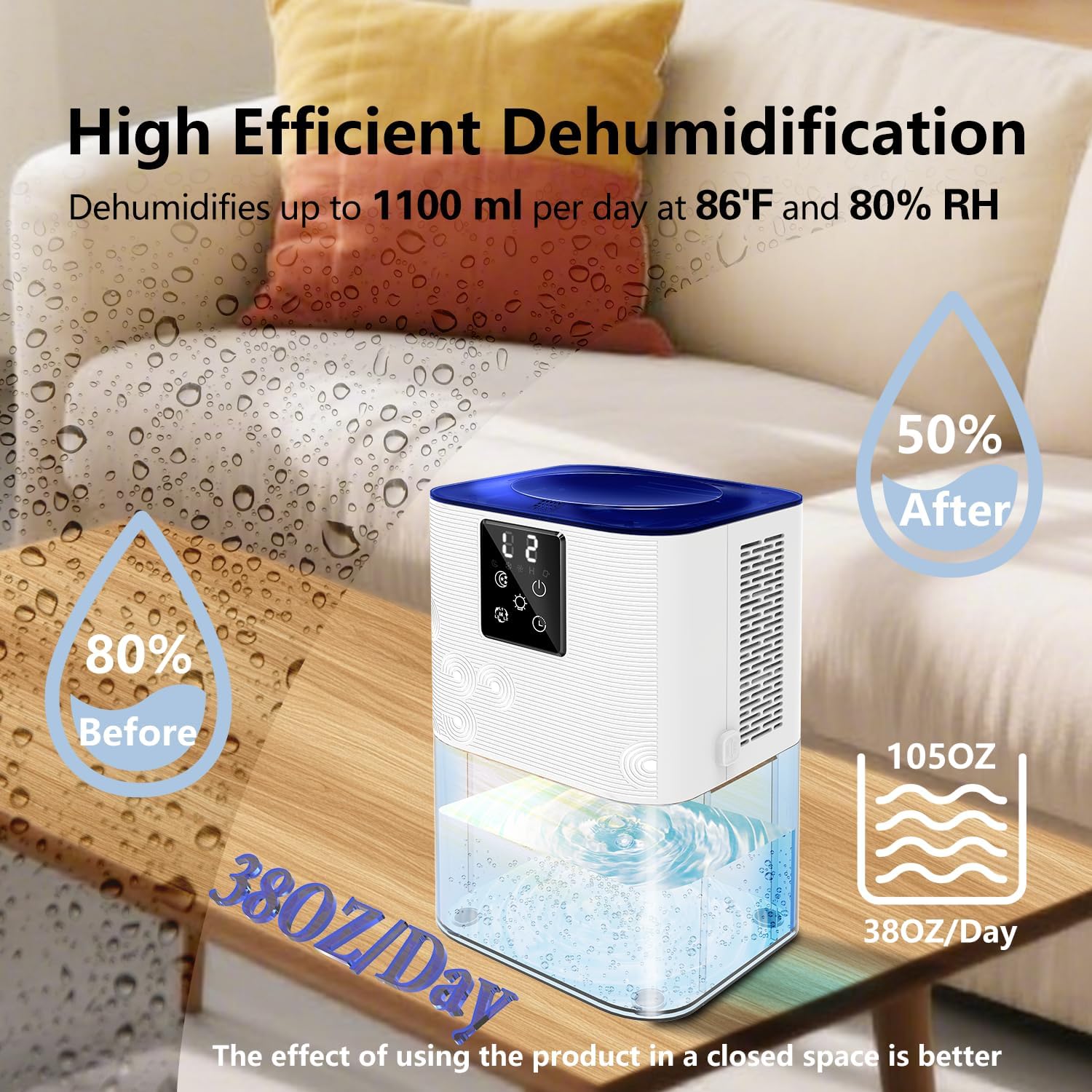 Dehumidifier,MTOX 3L/105 oz (1000 Sq Ft) Small Dehumidifiers for Rooms, Bathroom, RV, Quiet with Auto Shut-Off, Timer, 3 Modes, Removable Filter & Aromatherapy Box, 7-Color LED (Blue & White)