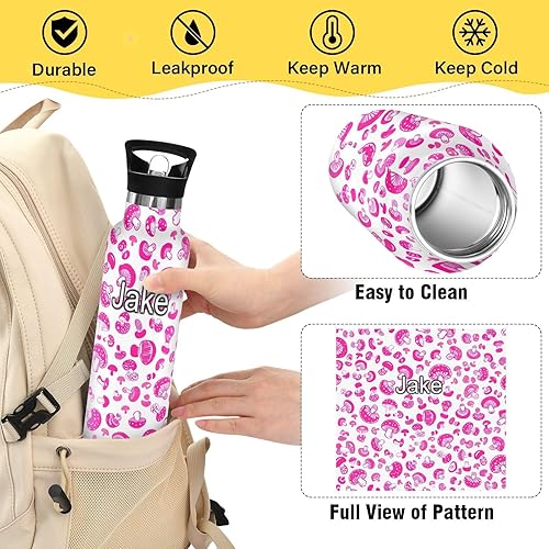 Miniatura 4 de Botella de agua personalizada para niños para la escuela, botella personalizada de 20 onzas para niños y niñas, sin BPA, hongos rosa
