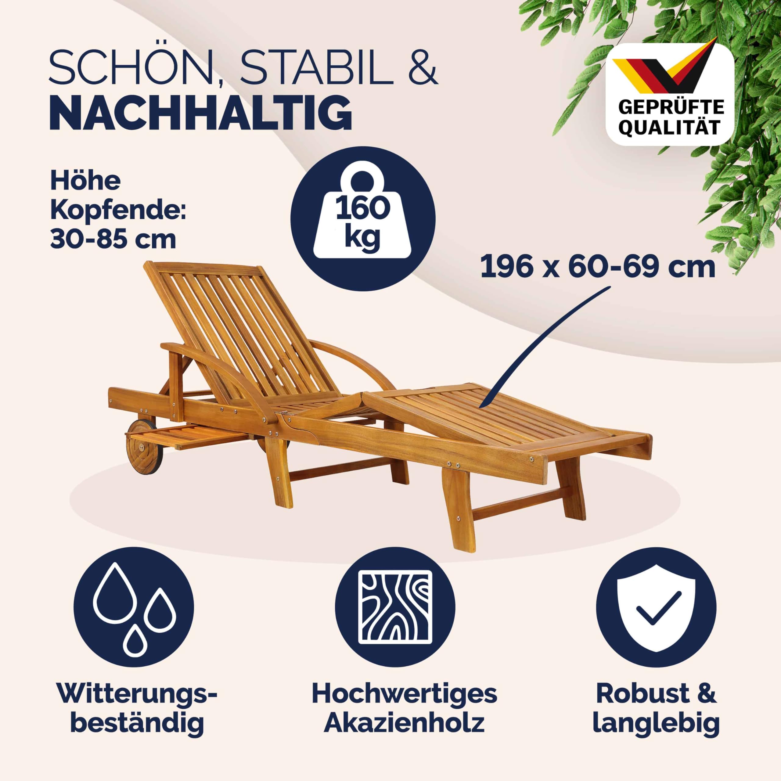 Casaria® Sonnenliege Klappbar Wetterfest Holz Gartenliege 160kg Belastbar mit 2 Räder Ablage Tisch Liegestuhl Verstellbare Rücken- Fußlehne Garten 196cm