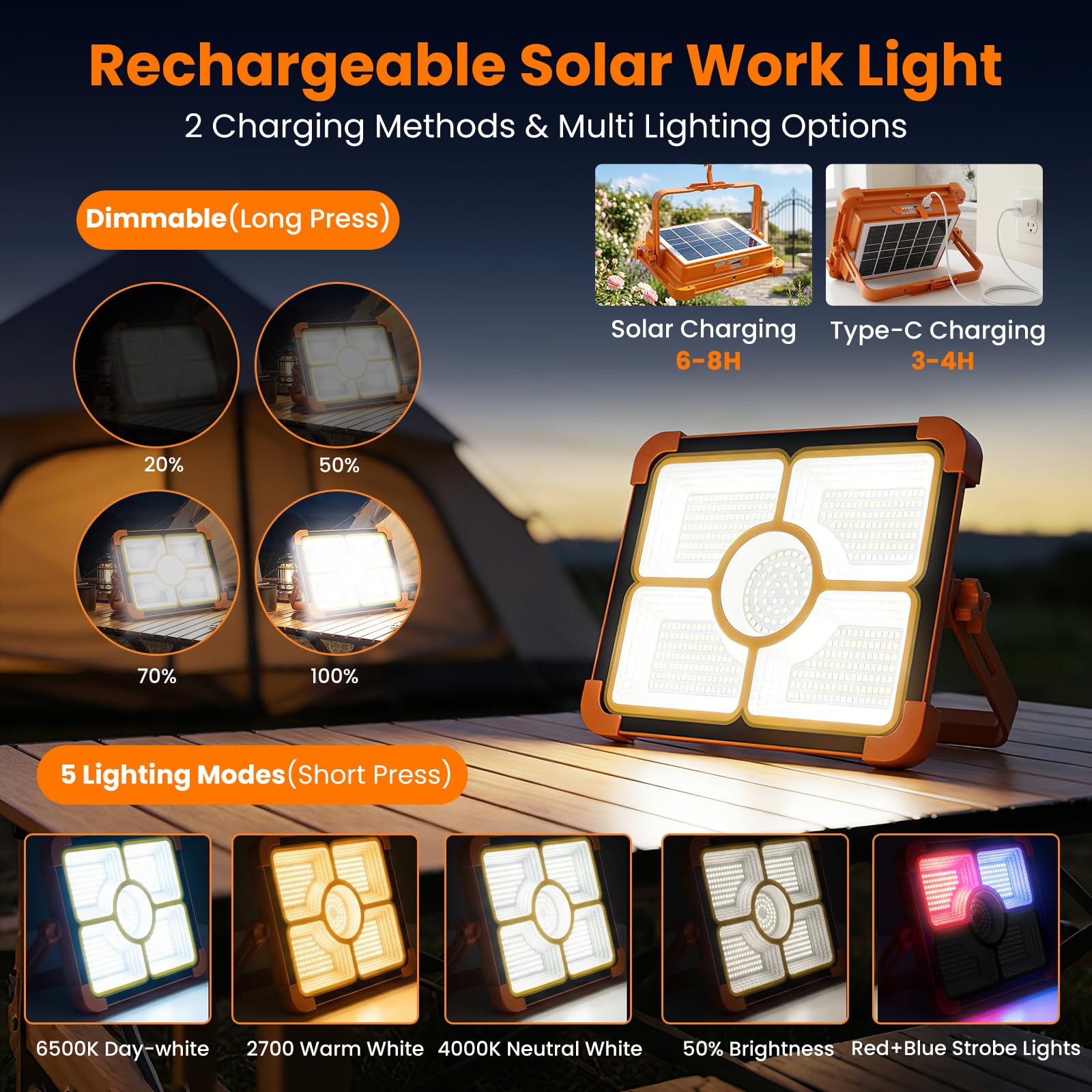 Lampe de camping rechargeable avec trépied, lampe de travail solaire portable 12 000 mAh, lampe de travail LED sans fil 12 000 lm avec 5 modes, étanche, équipement de camping, réparation de voiture