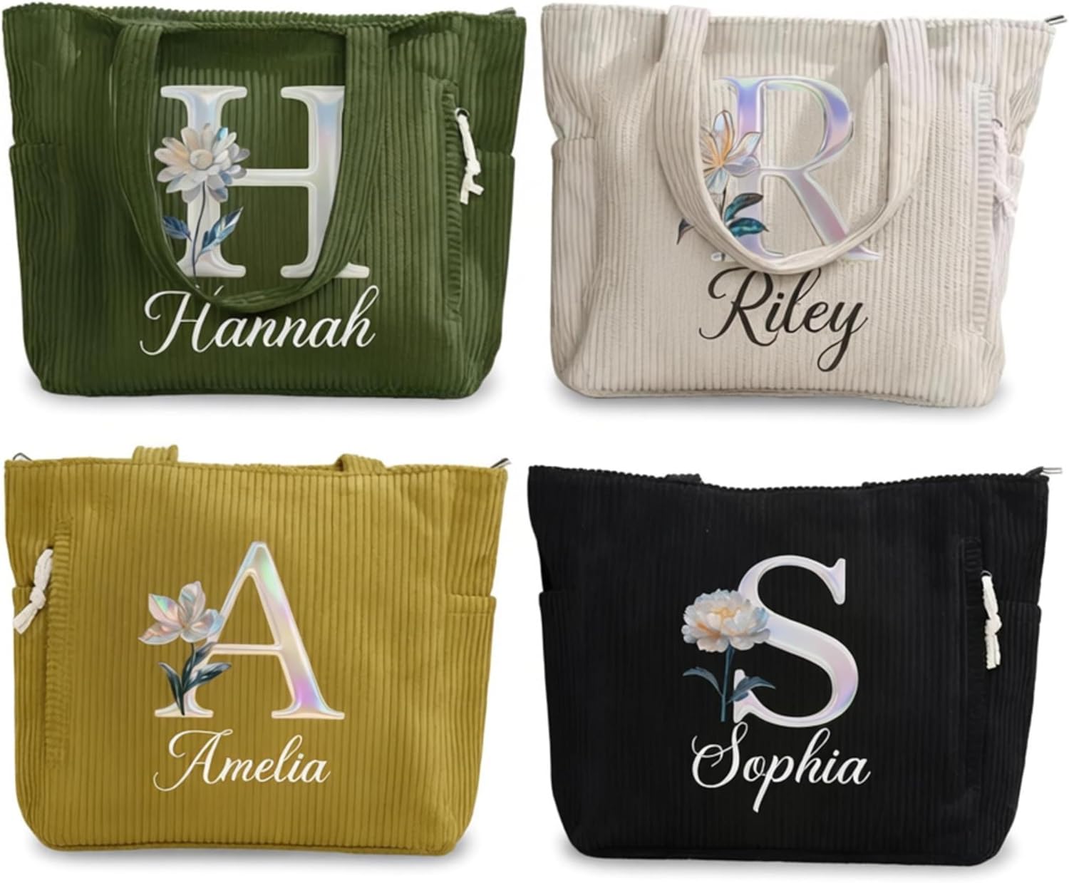 Personalized Pearl Birth Flower Corduroy Tote Bag for Women, 4 Color Options Custom Initial Name Large Size Shoulder Bag with Pockets, HandBags with Zipper for Work Travel Shopping