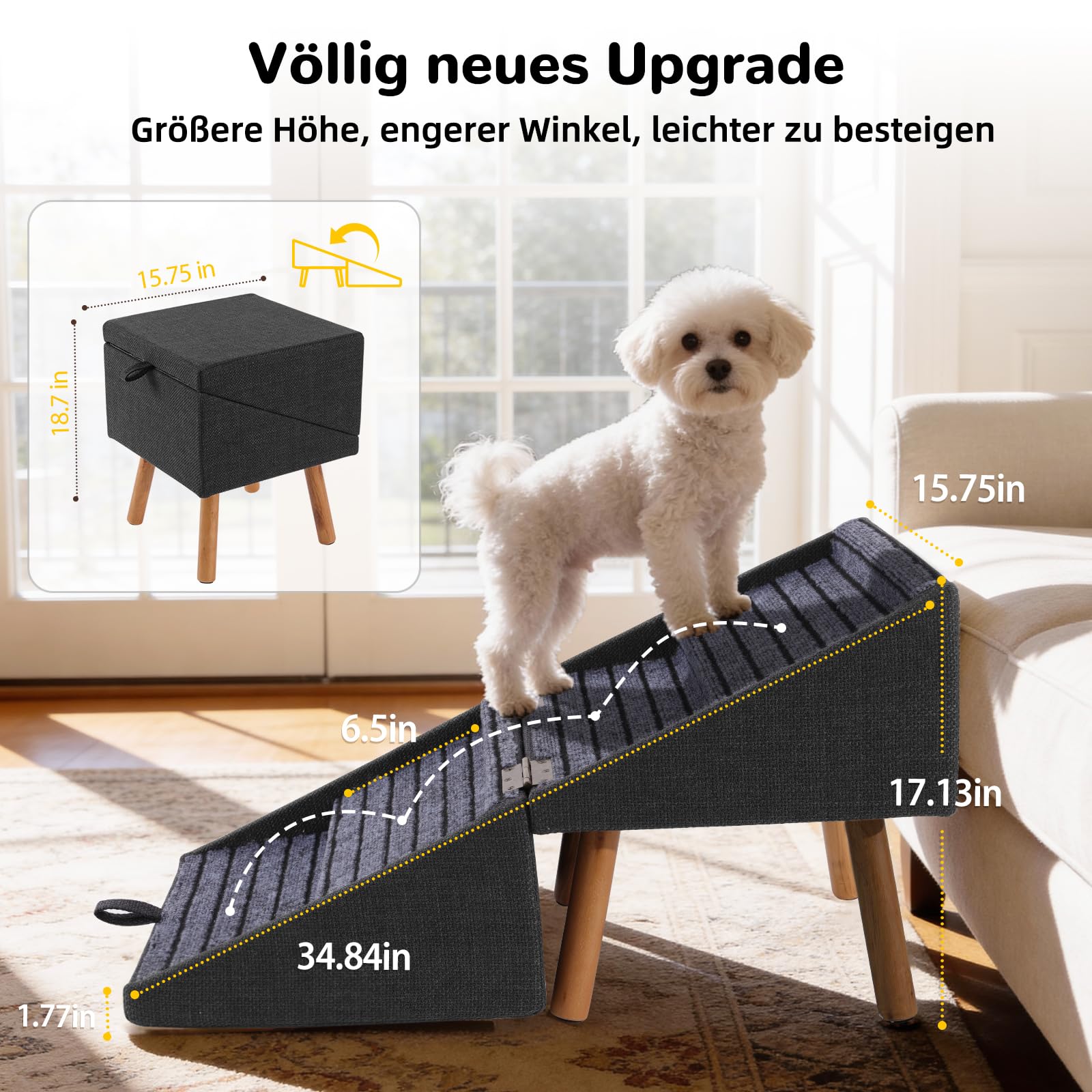 Scala per cani di piccola taglia, scala a pioli 2 in 1 e pouf – Scala pieghevole per cani per il divano, scala in legno antiscivolo per cuccioli, cani anziani e feriti (nero)