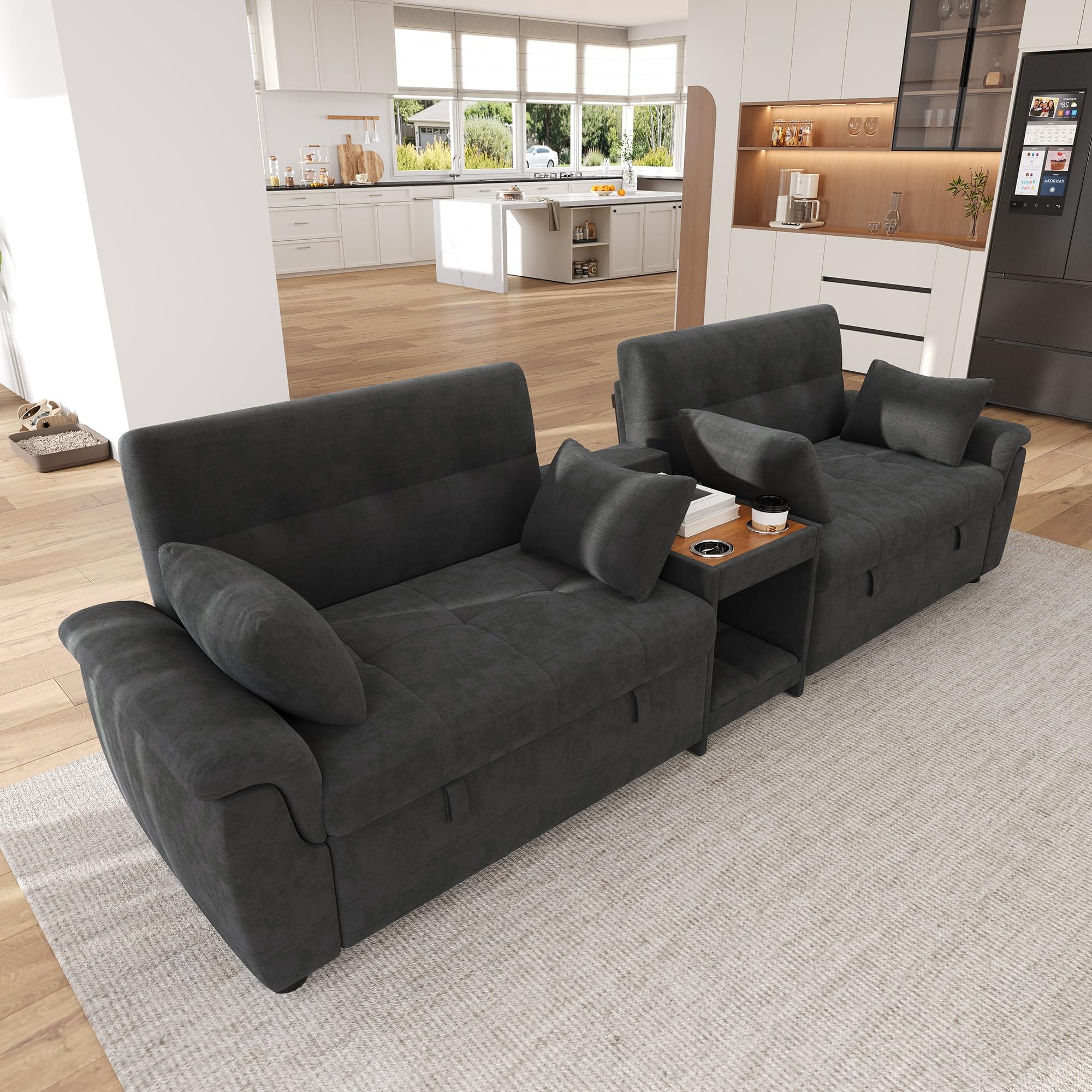 Canapé-lit extensible en forme de U - Double lit - Dossier réglable - Zone pour animaux domestiques - Table basse avec 2 porte-gobelets - 4 oreillers - Chenille - Gris foncé - 284 x 138 x