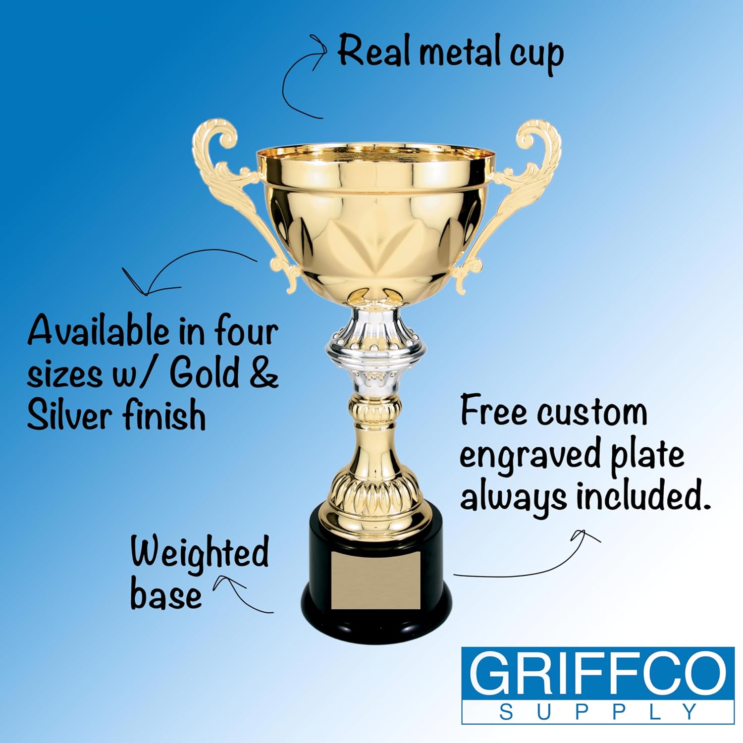 Gold Trophy Cup with Custom Engraved Plate Included to Customize for Sports Championships, Tournaments, Award Competitions, Spelling Bee (5 Sizes) - Trophy Award (Giant 14.50")