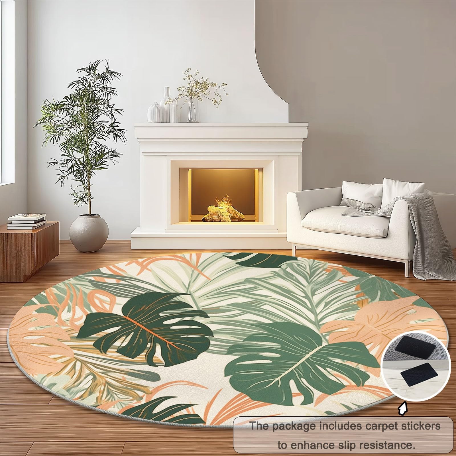 Okrągły dywan 120 cm, można prać w pralce, antypoślizgowy dywan podłogowy, niskie runo, miękki, zielony, monstera deliciosa, liście palmowe, dywan do salonu, sypialni, kuchni, pokoju dziecięcego