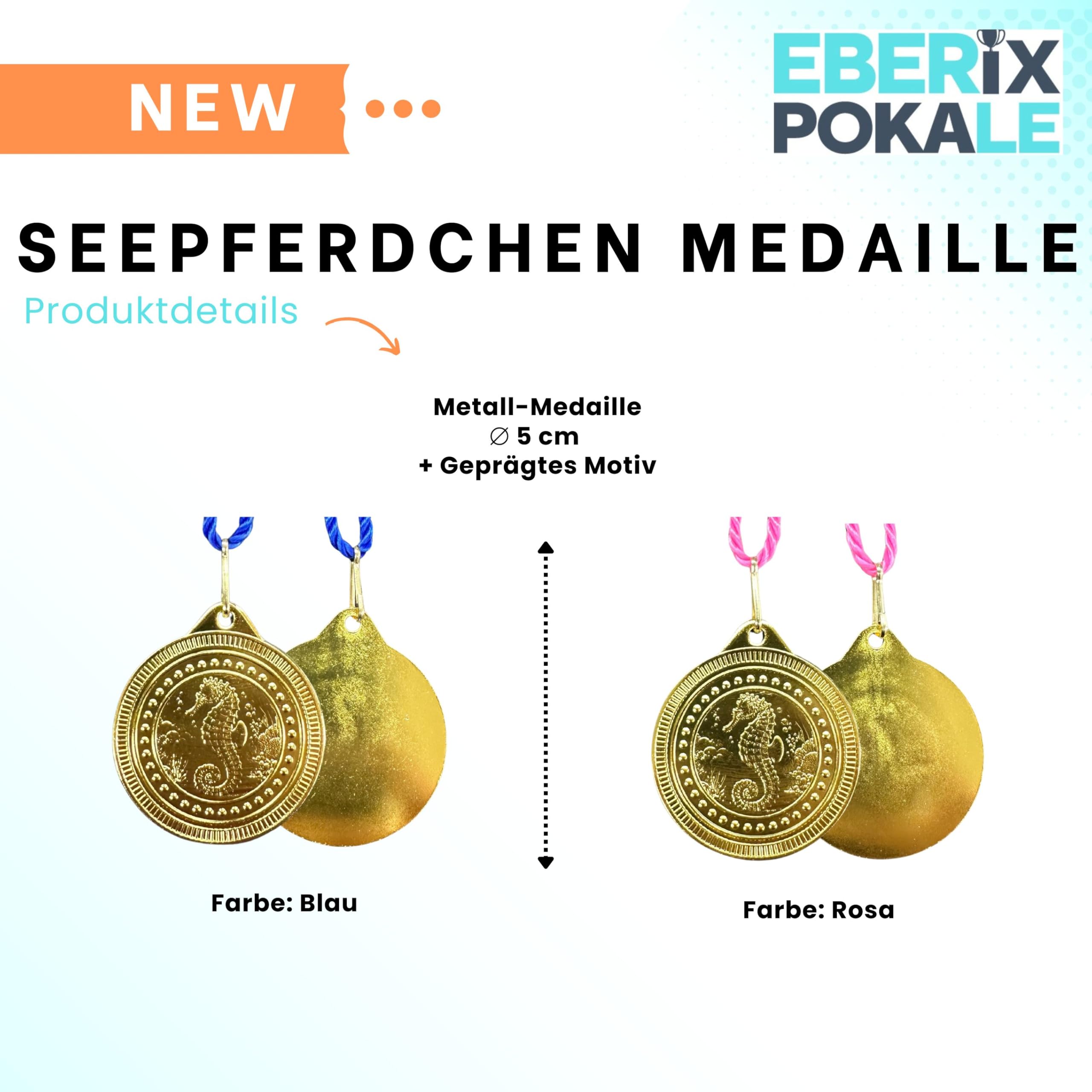 Seepferdchen Medaille 50 mm aus Metall – glänzende Schwimm Medaille für Kinder & Vereine – inklusive Kordel in Blau oder Rosa – 31 g – Ideal für Schwimmkurse & Wettkämpfe