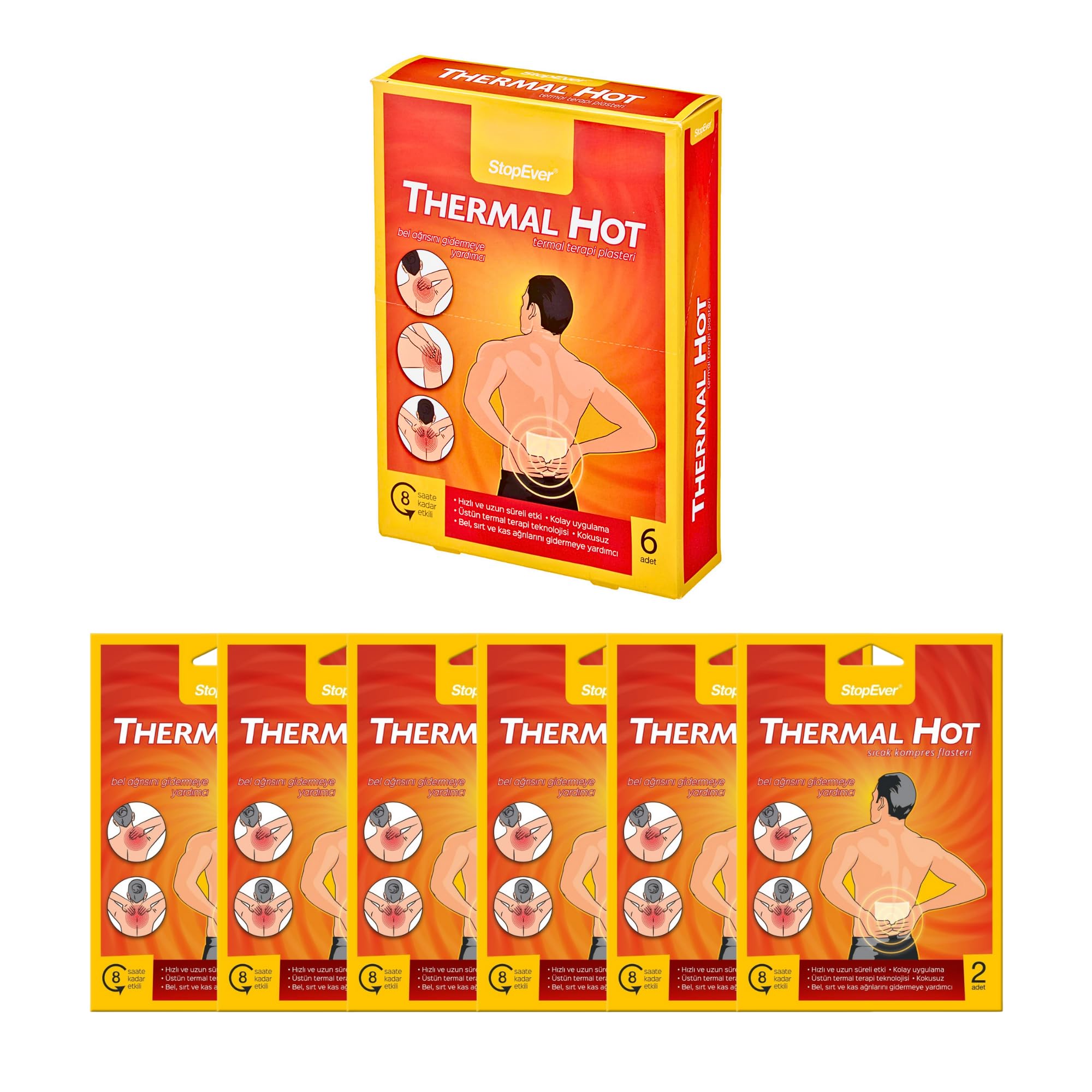 StopEver Thermal Hot Sıcak Terapi Flasteri - 6'lı Paket | Kas ve Bel Ağrılarını Hafifletmeye Yardımcı | 8 Saat Etkili Isı Terapisi | İlaç İçermez | 12 Adet (6x2)
