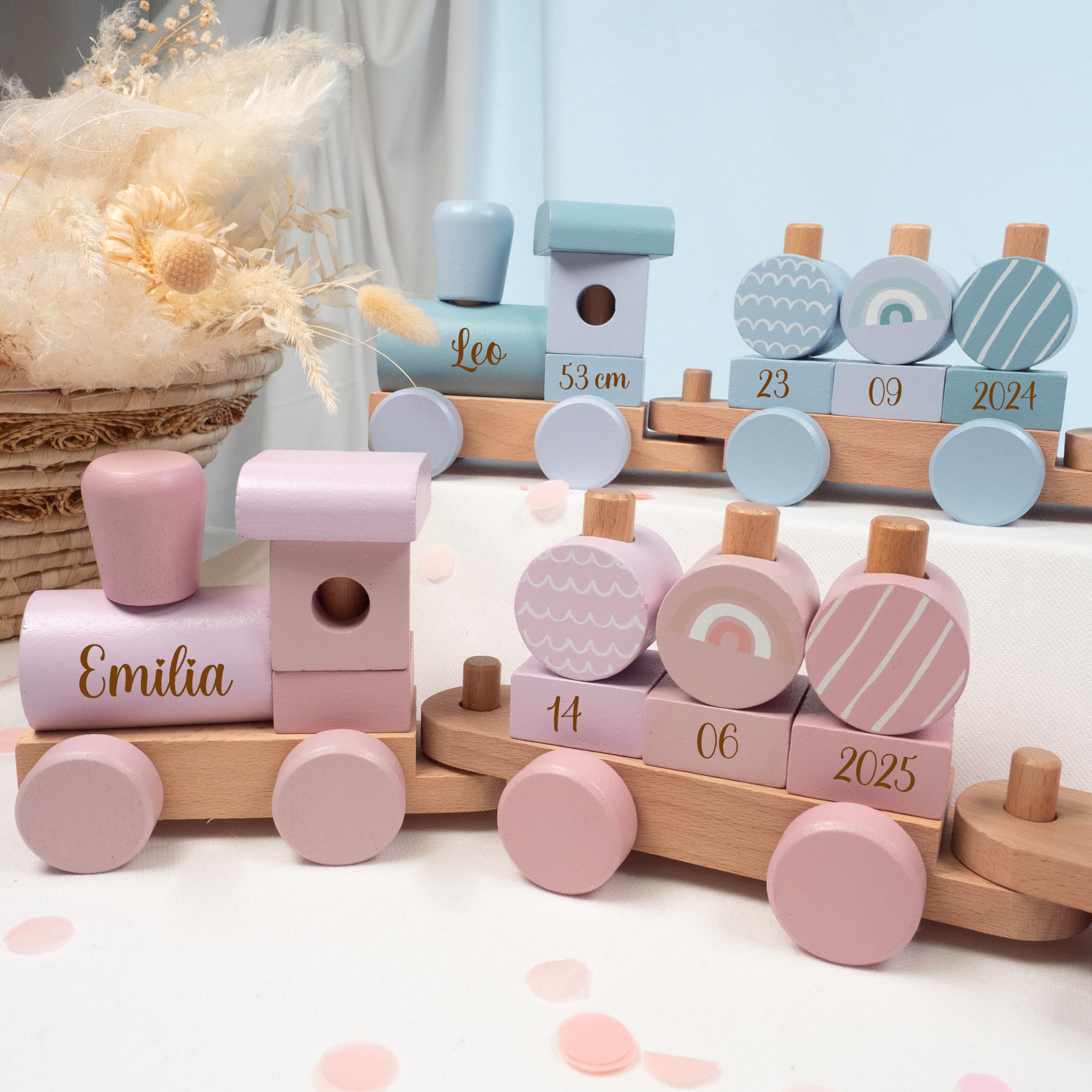 personalisierte Geschenke Baby Holz Eisenbahn REGENBOGEN als Babygeschenk zur Geburt Junge + Mädchen Holz Zug mit Name und Datum personalisierbar mit Gravur