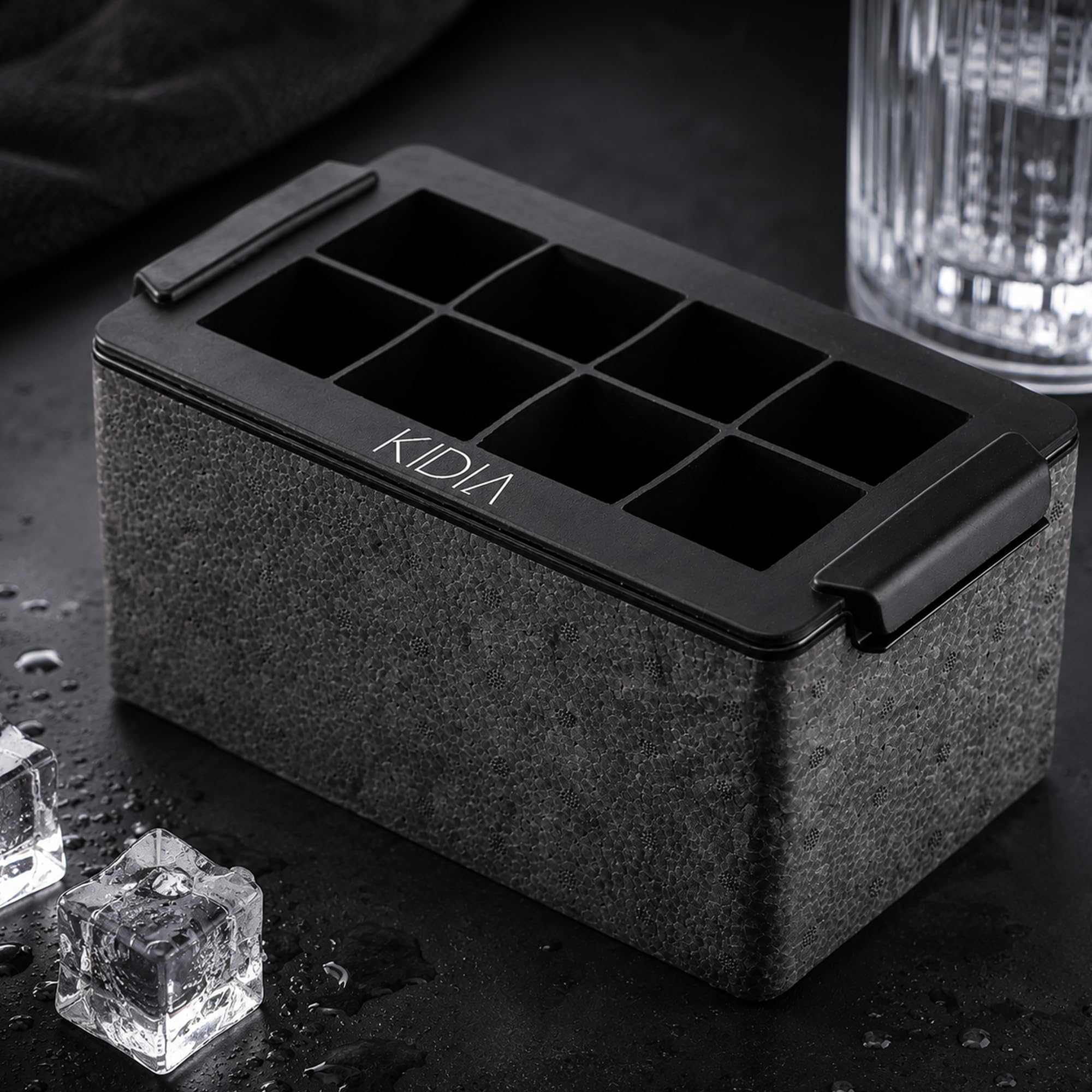 Kidia Ice Clear Cube Maker – Cubos de Hielo Transparente 8× 5x5x5 cm – Congelación Direccional, Silicona Alimentaria, Caja Aislante para Cócteles y Whisky
