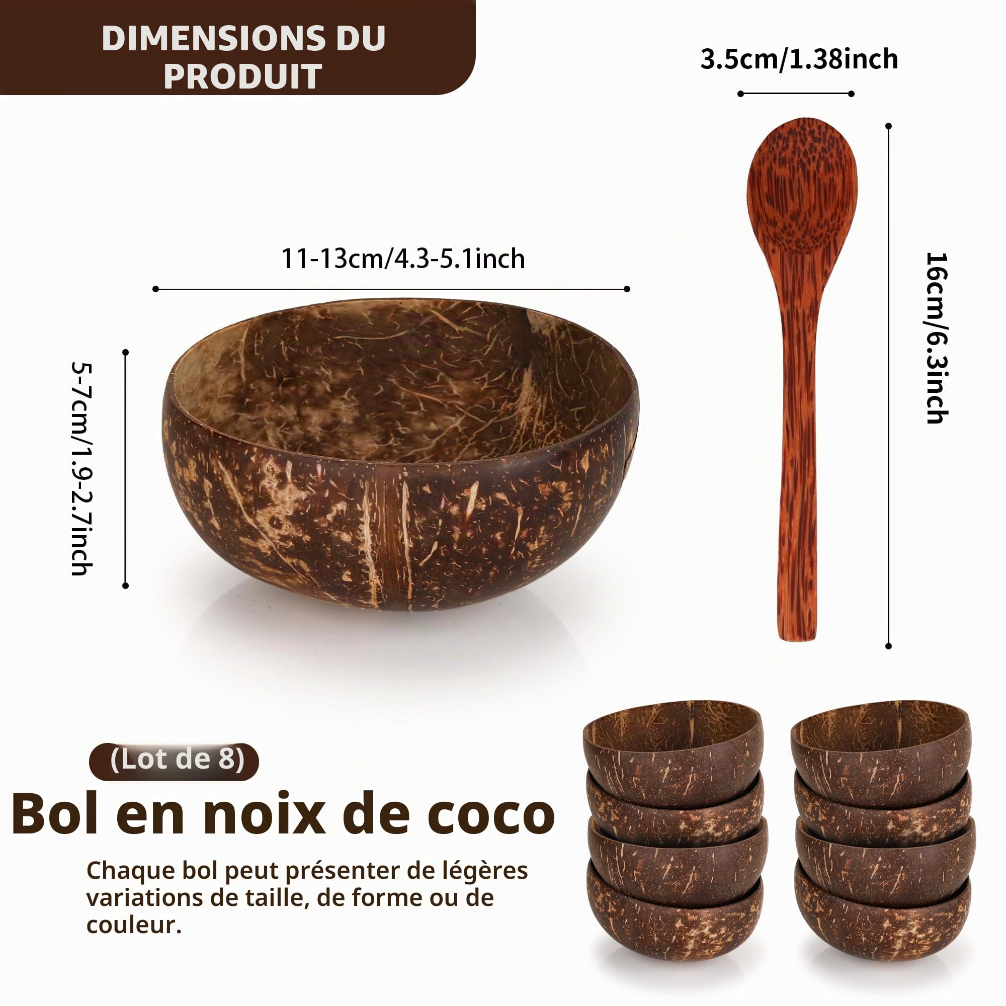 Lot de 8 bols en noix de coco en bois naturel, 350 ml avec 8 cuillères en bois, bol en noix de coco poli pour salade végétalienne, milkshake, fruits, dessert