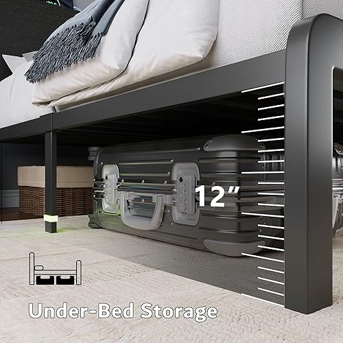 Miniatura 7 de iPormis Marco de cama de metal de tamaño completo con luces LED y estación de carga, cama plataforma con cabecera de almacenamiento ergonómica,