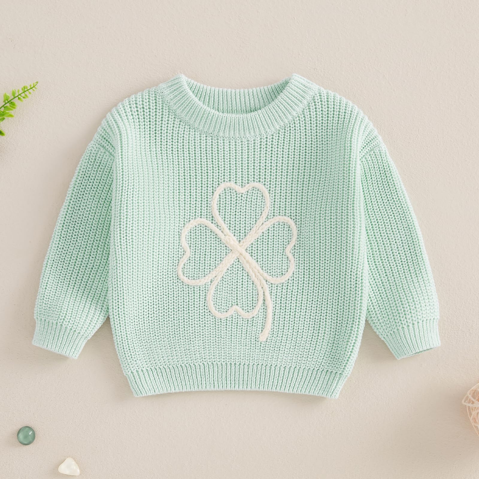 Socutebabe Baby St. Patricks Day Outfit Toddler Shamrock Embroidery Knit Sweater Pullover Sweatshirt Winter Spring Clothes (Green, 9-12 Months)