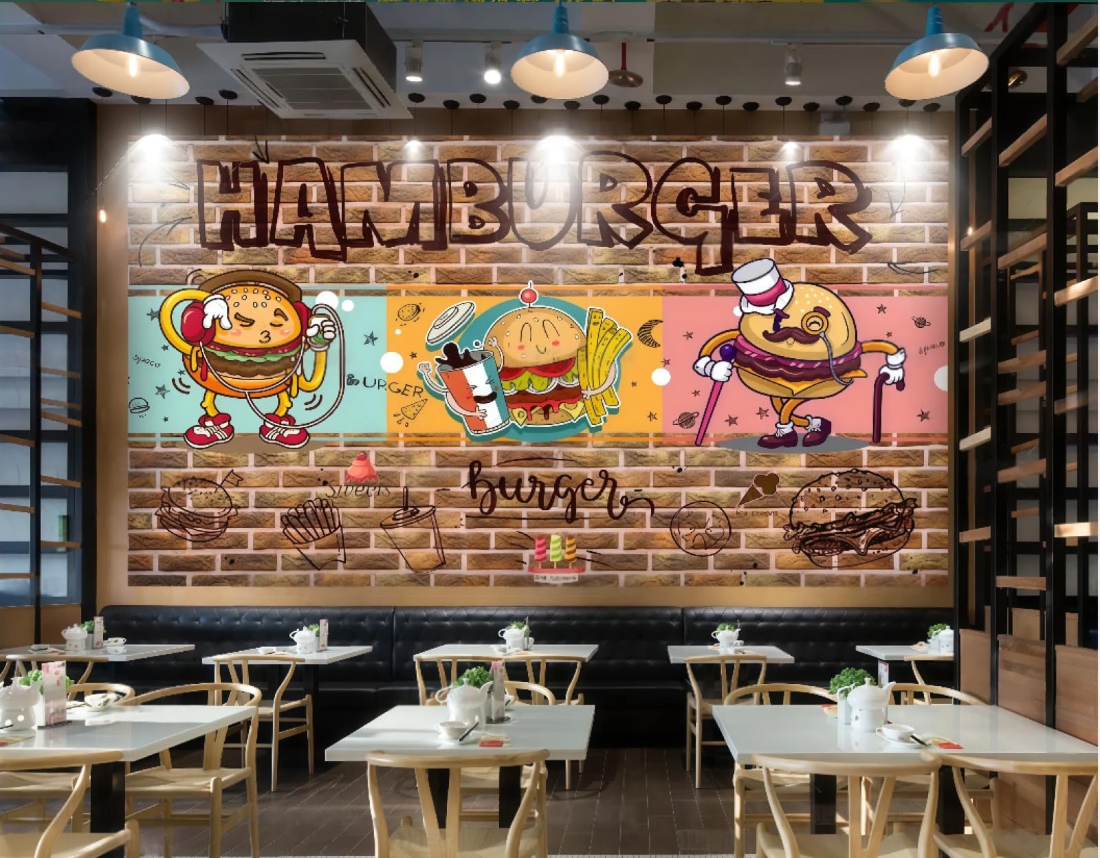 Rskjdghshd 3D Wallpaper Retro Brick Wall Cartoon Burger Graffiti Fast Food Restaurant Snack Bar Drink Bar Background Wall Western Restaurant Wallpaper Cafe Mural,,250X175cm