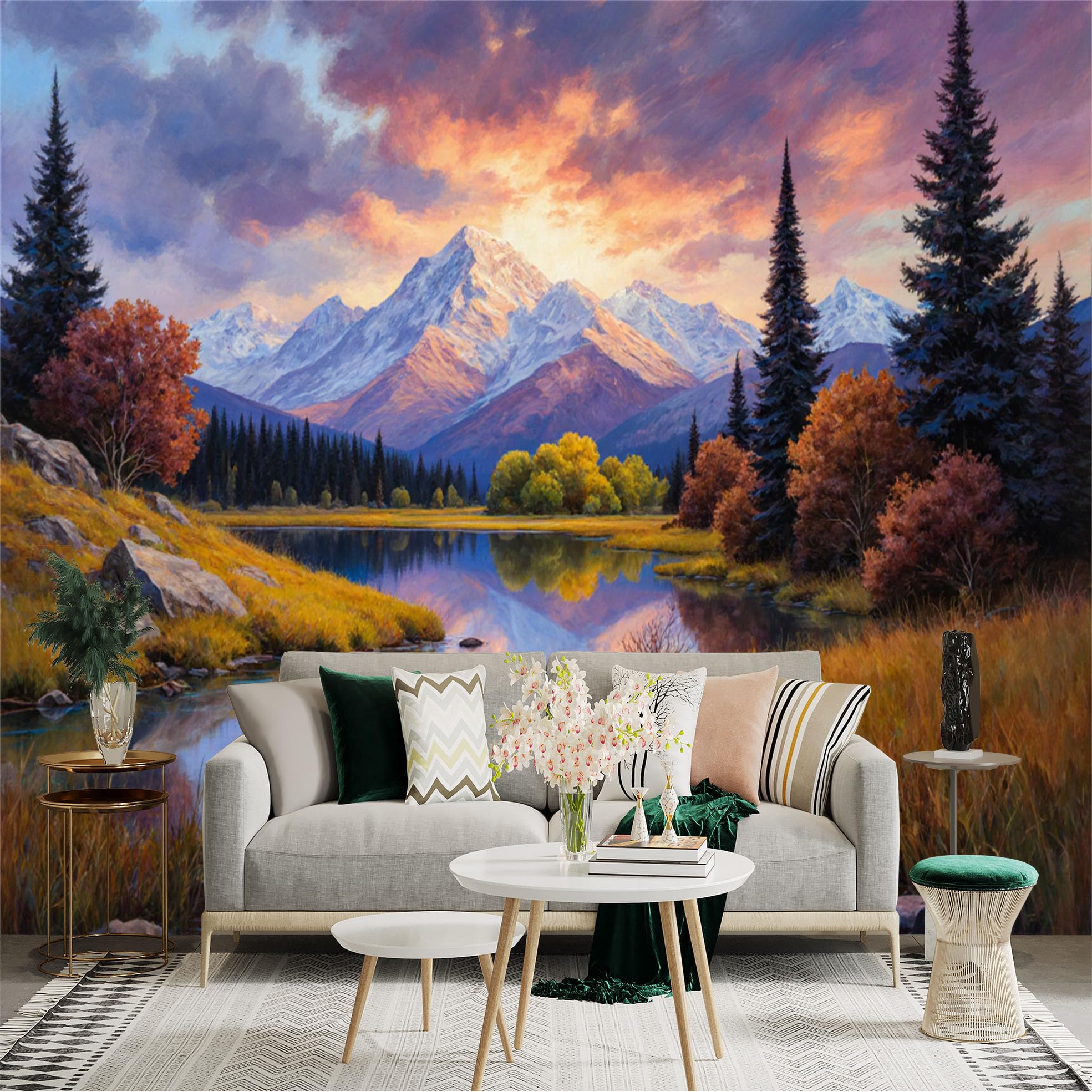 Lnzczhyre Xc260505938 Custom Size Wall Sticker Mural， Majestic Mountain Range， Golden Sunset Clouds， Reflective Alpine Lake， Serene Wilderness Landscape， For Wall Decoration， Peelandstick Wall Decals.