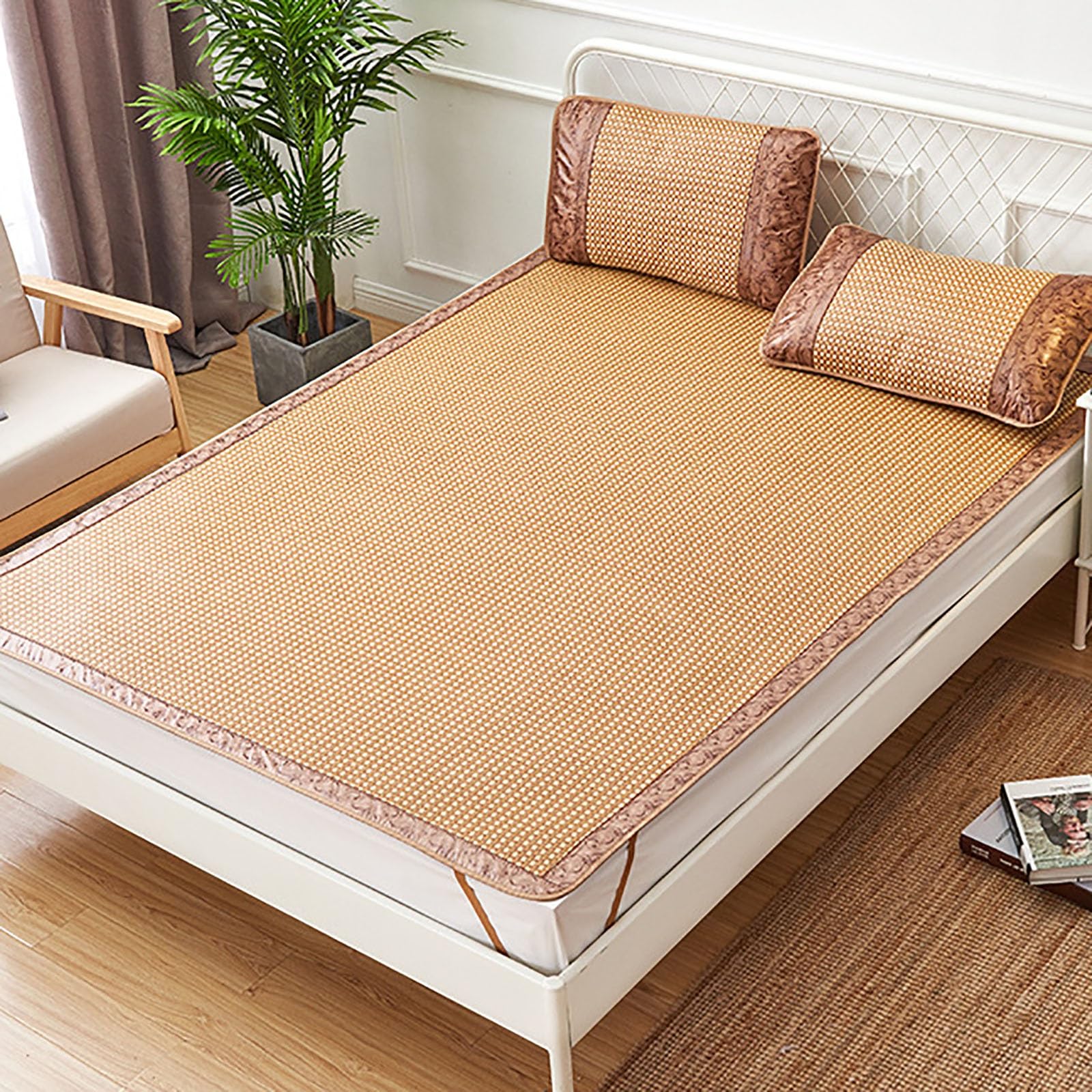 Summer Bamboo Sleeping mat, Foldable Double Sided Bamboo mat for bed, Home Quick Cooling Textile Rattan Mat Grid Fitted Sheet Set Summer Bed Cover, Various Specifications(Color C,100 * 190cm)
