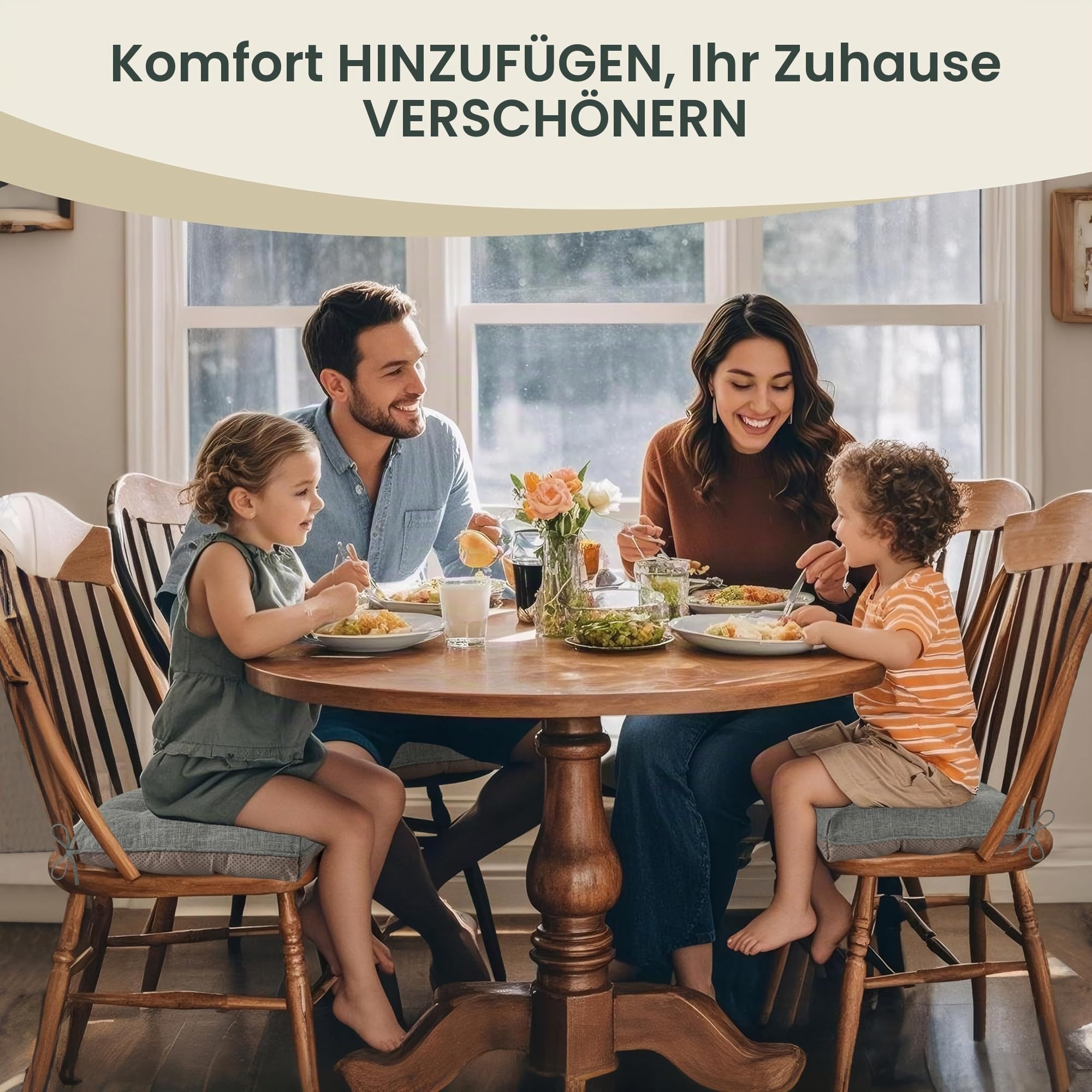 AddGrace Sitzkissen für Esszimmerstühle 4er-Pack 46x44x8cm Hellgrau | mit rutschfester Unterseite und Bändern, geeignet für die meisten Esszimmer- und Küchenstühle, strukturierter Stoff, bequem