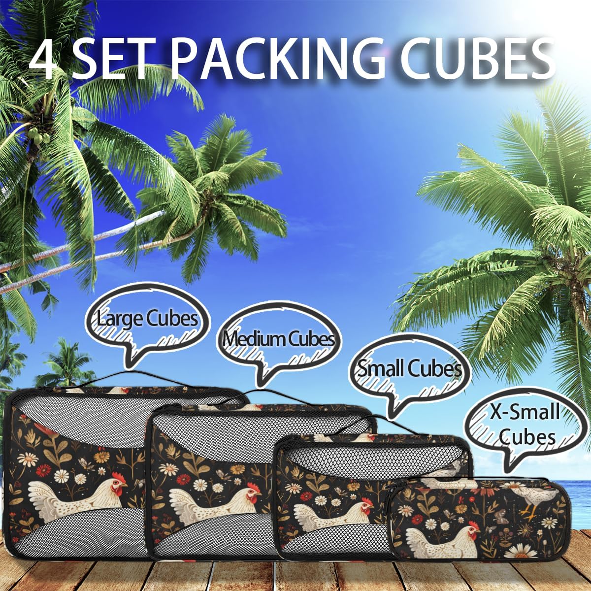 Chicken Flowers 4 Set Packing Cubes Packing Cubes for Women Lightweight Travel Essential Bag Clothes Carry on Suitcase Bags for Accessories Essentials