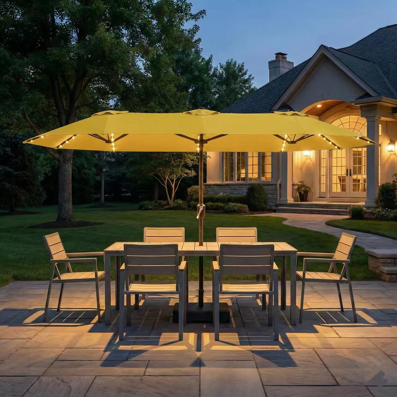 kingdura 15ft large patio umbrella with solar lights, double-sided rectangle lighted outdoor table umbrella with base included, 12 reinforced ribs, 48 led lights, crank lift for market pool deck backyard, yellow yellow-led 15 ft
