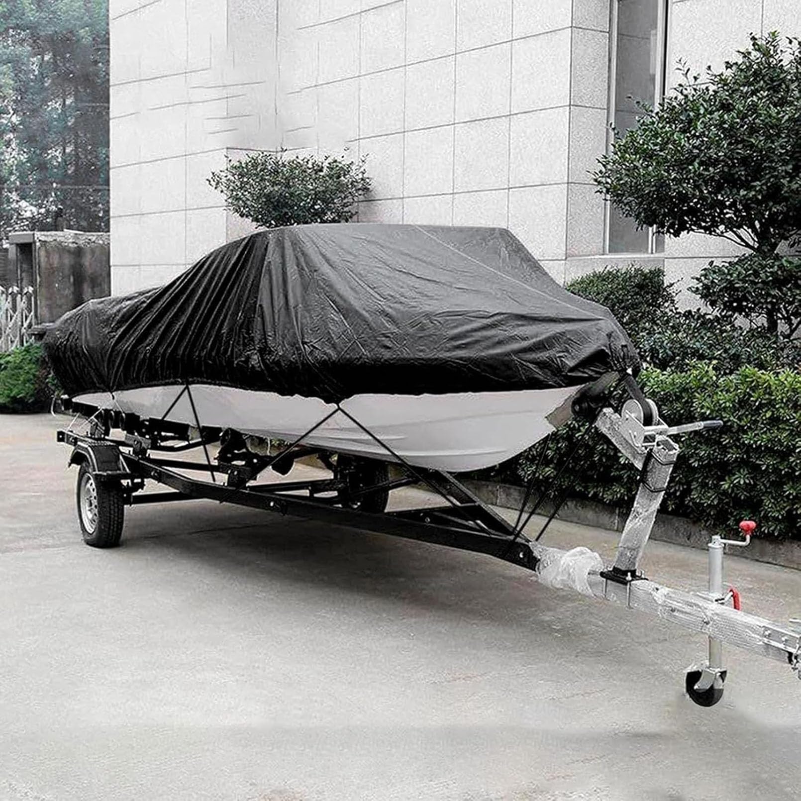 Wodoodporny pokrowiec na łódź, wytrzymały pokrowiec na łódź klasy morskiej 420D, odporny na warunki atmosferyczne, wiatroszczelny, pasuje do Runabout, V-Hull, Tri-Hull, czarny, 12 x 14FT=450 * 230 cm