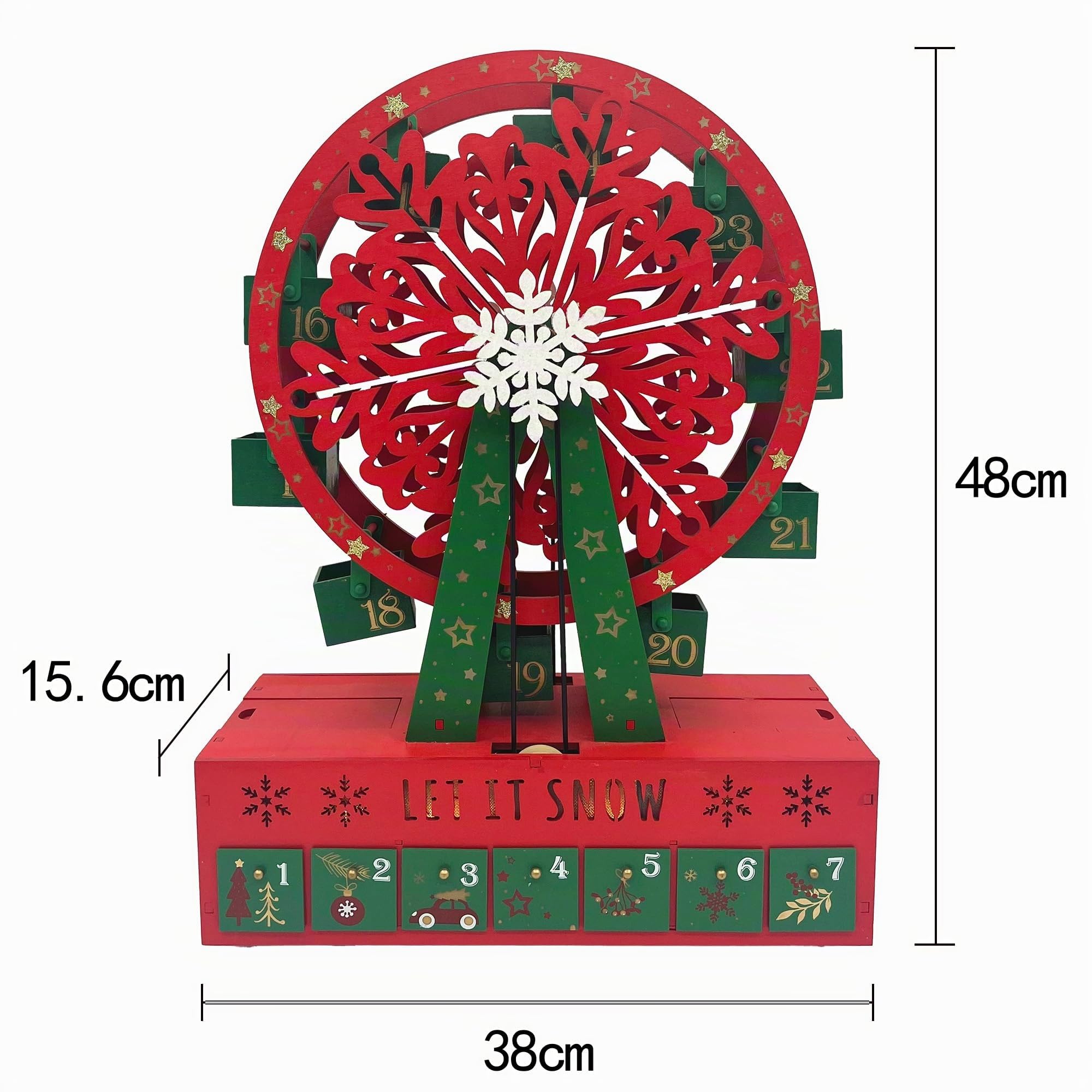 PE Noël Calendrier de l'Avent en Bois - Grande Roue Entraînée par un Moteur électrique et des lumières LED - 24 Tiroirs à Remplir