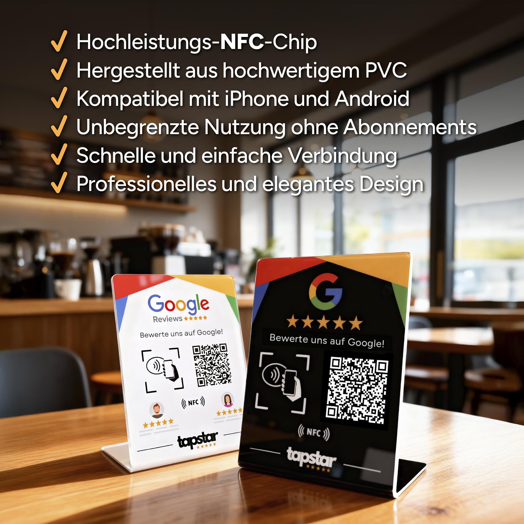 Tapstar Bewertungsaufsteller mit NFC & QR-Code – Google Bewertung Aufsteller für Theke, Tresen oder Empfang – Kompatibel mit iPhone & Android – Ohne App, Ohne Abo