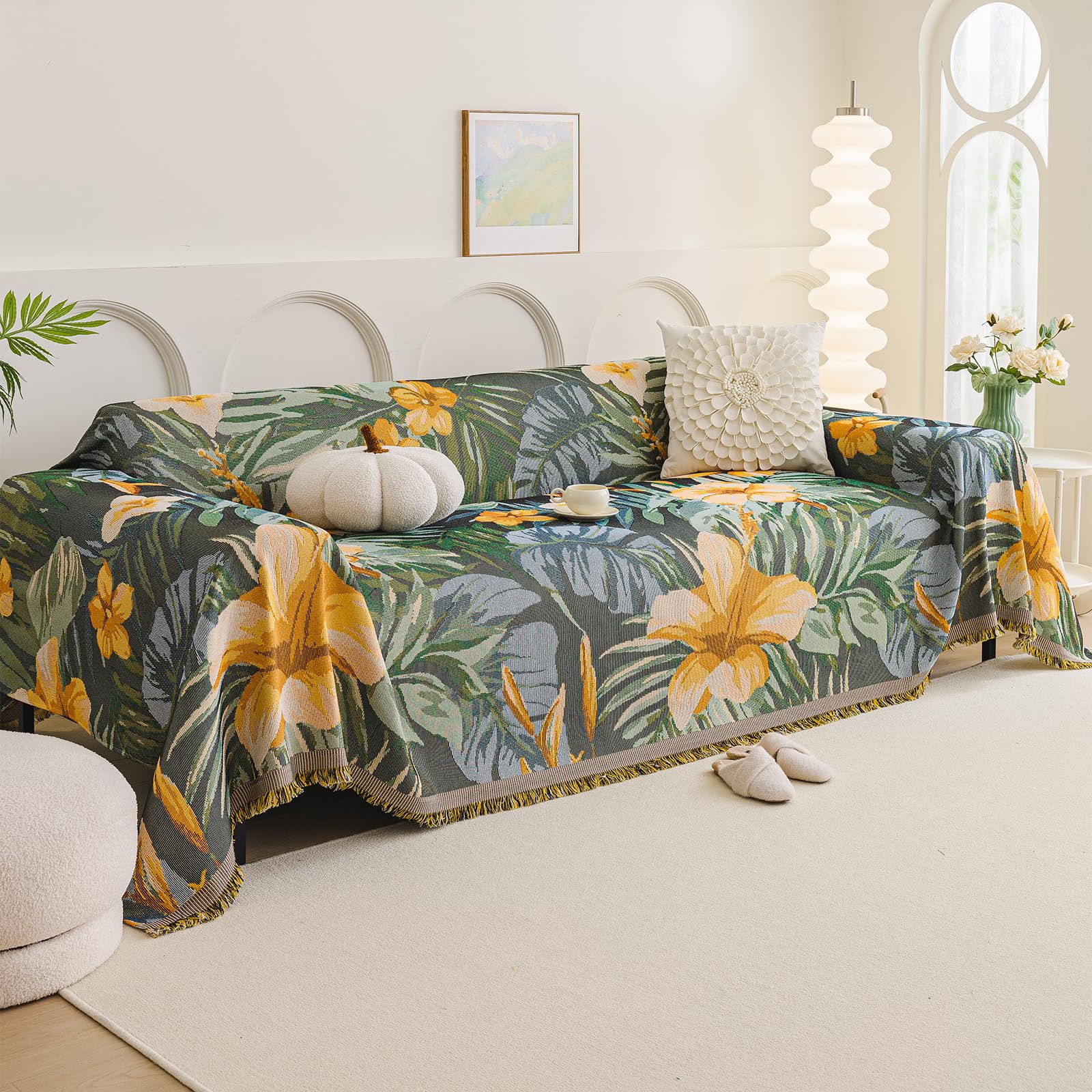 VanderHOME Sofa Throws Large 3 Seater Woven Sofa Throw Blanket with Tassels Breathable Versatile Throws for Sofas Large Throws for Sofa Bed and Armchair 180 * 340cm-Artistic Flowers