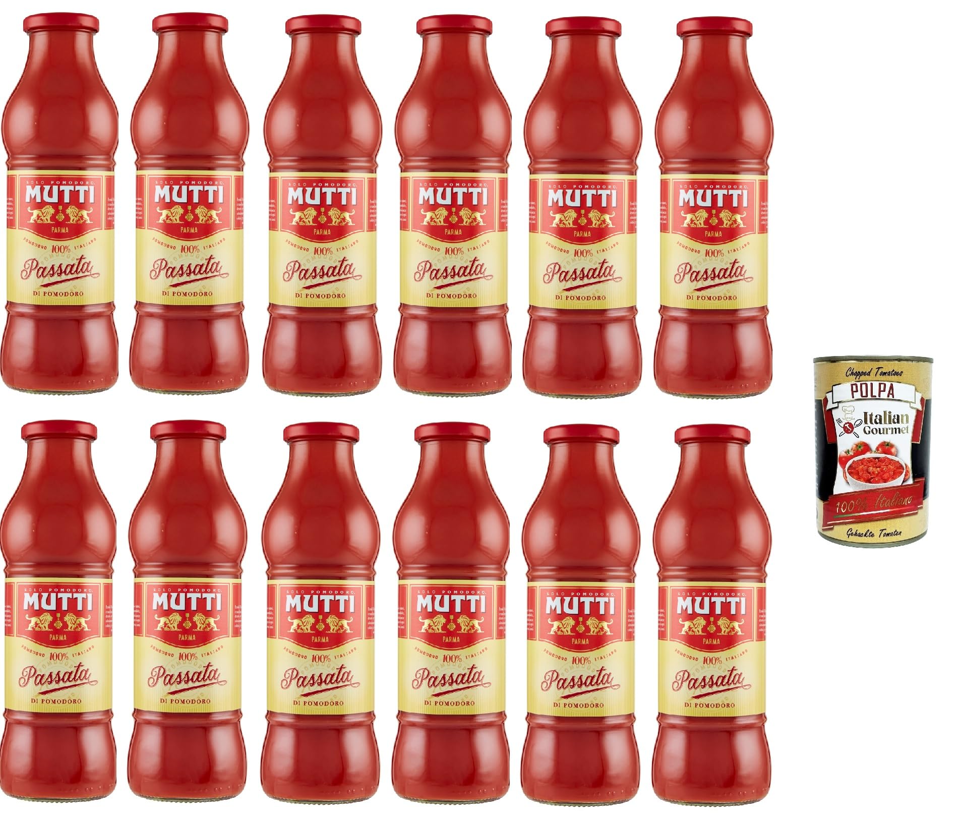 Mutti Passata di Pomodoro 12x700g – 8,4 kg fruchtiges Tomatenpüree aus 100% italienischen Tomaten, samtig und kochfertig für Sugo Pizza Suppen + Italian Gourmet polpa