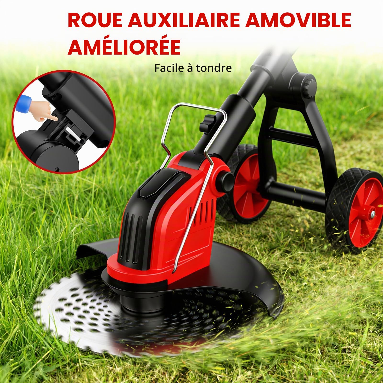 Débroussailleuse à Batterie 12 Pouces avec Roue, 20000 TR/Min, Coupe Bordure sans Fil avec 2 Batterie 3.0Ah, 4 Types De Lames, Moteur sans Balais, Poignée Réglable pour Jardin, Pelouse