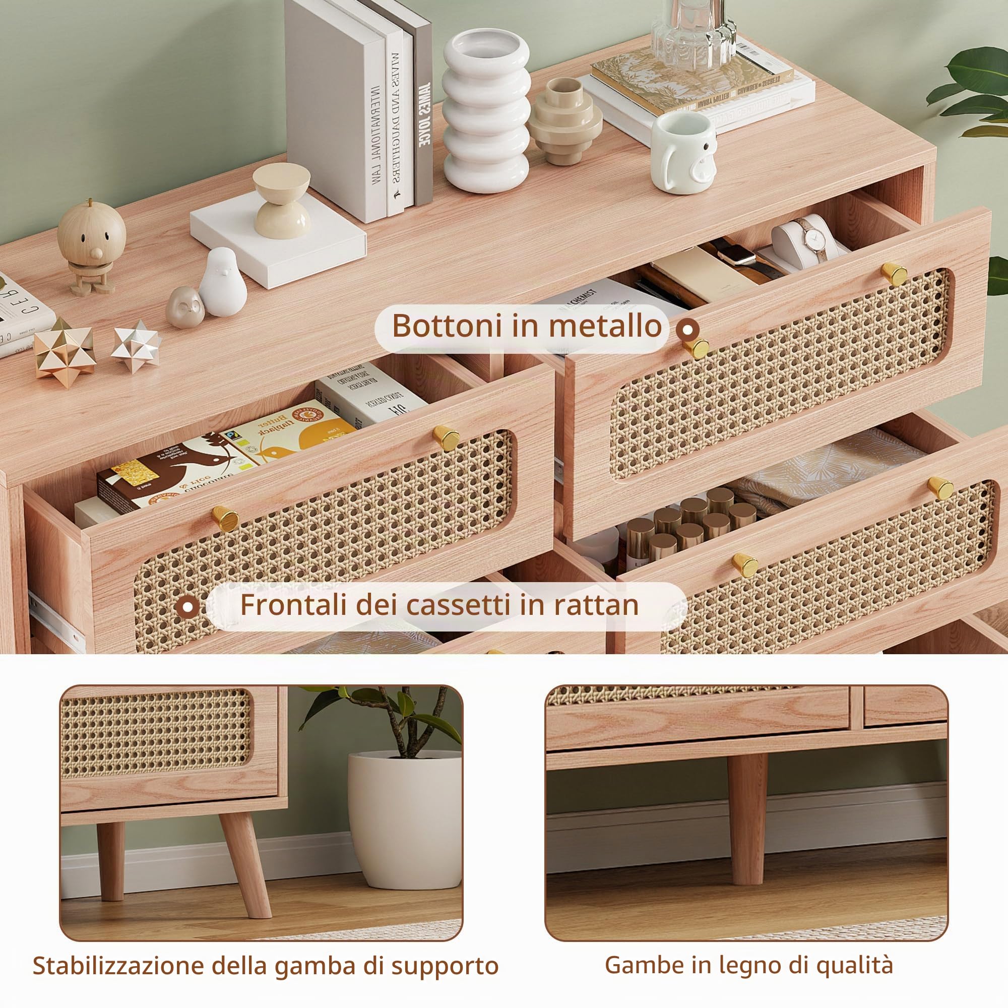 Cassettiera con 6 cassetti, in rattan, camera da letto, cassettiera moderna, cassettiera in legno con manici dorati, credenza, cassettiera per corridoio, soggiorno, camera da letto