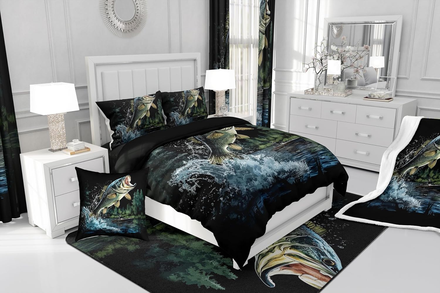 Feelyou Big Pike Fish Bedding Set Hunting and Fishing Duvet Cover Set for Kids Boys Girls Rustic Farmhouse Comforter Cover Wild Animal Quilt Cover with 1 Pillowcase 2Pcs Bedding Twin,No Comforter