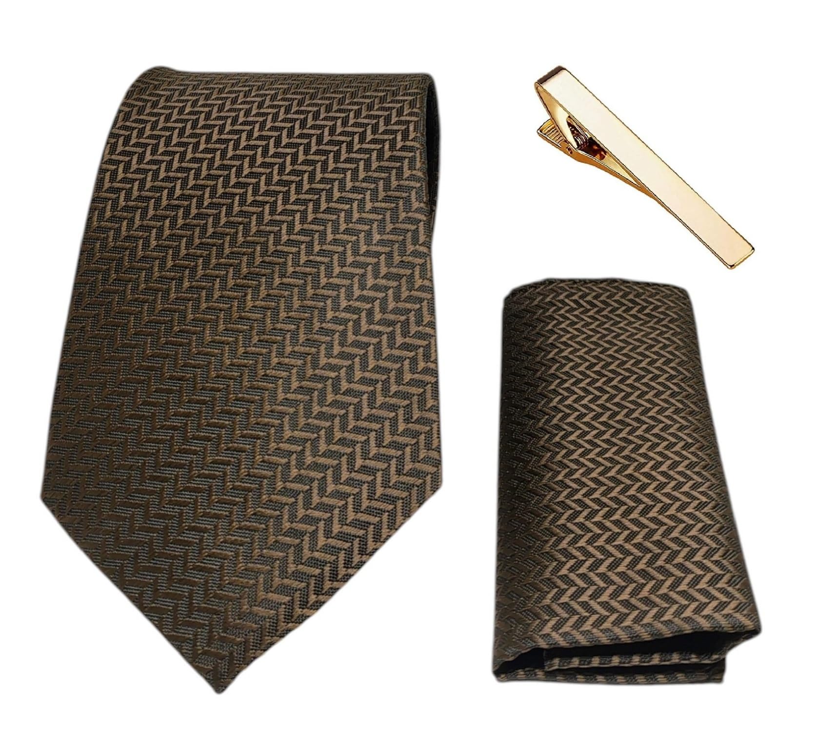 FashMade Brown Self Italian Silk Pocket Square And Necktie with Golden Tie Pin Combo in Wooden Box | Gift Set for Men | 2.85 Inch Broad Tie & 10x10 Inch Pocket Square-image-46