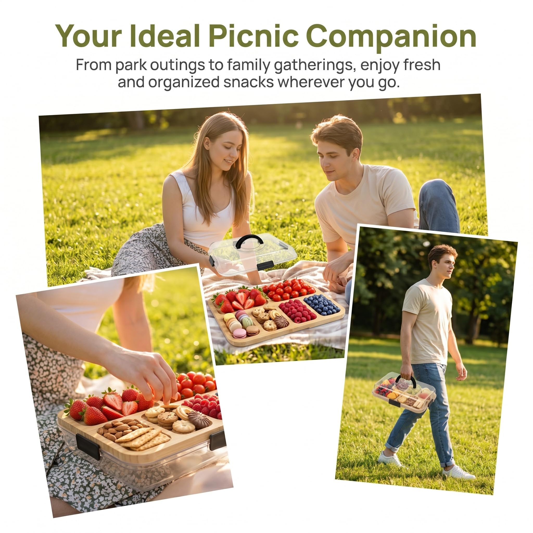 Charcuterie Board con coperchio, 36,7 cm, con manico, in bambù, con coperchio, vassoio da portata per formaggio, snack, antipasti, grande piatto per snack diviso, per picnic, feste, 2-4 persone