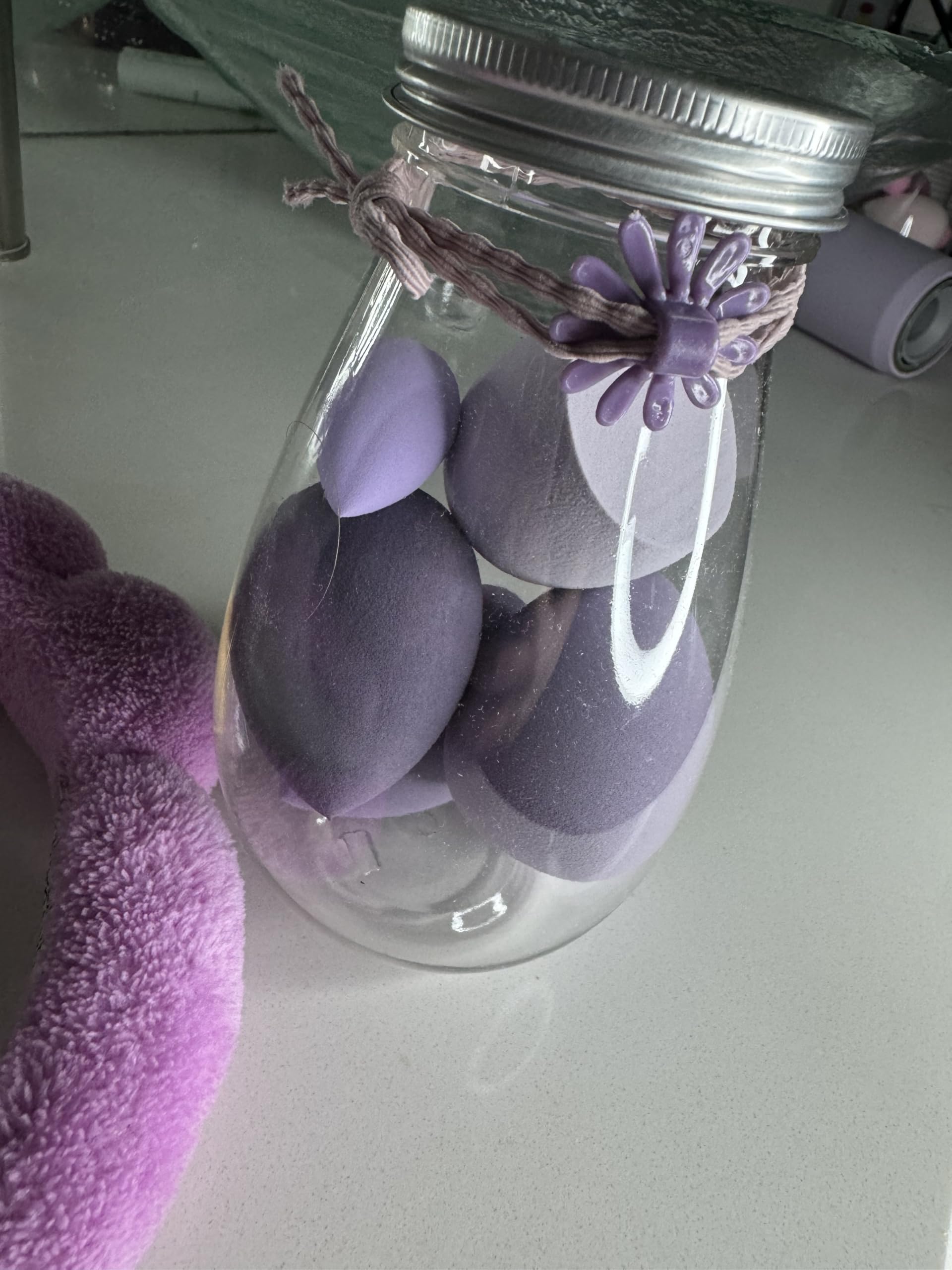 Makeup Beauty Blender Sponges with Storage Jar, Purple, 6 Piece Set, Flower Lid