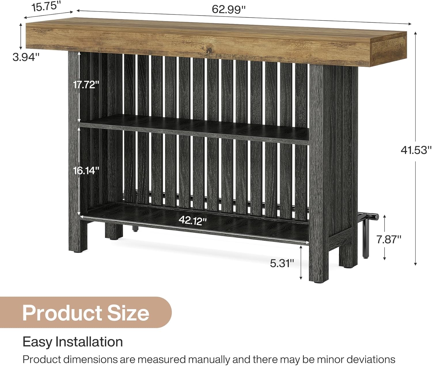 Tribesigns Bar Table with Storage Shelf, 63-Inch Large Mini Pub Table with Footrest, 2-Tier Modern Coffee Bar Cabinet Counter Height Table for Home Kitchen, Bistro, Dining Room, Living Room Brown & Dark Grey