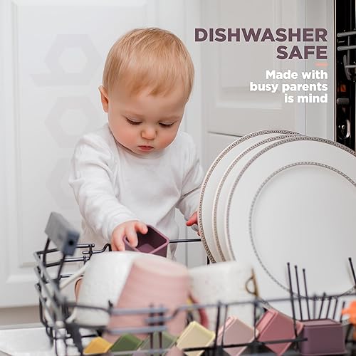 Miniatura 4 de QOOB SPIN Juego de 7 tazas apilables para bebé, tazas cuadradas de silicona para anidar, juguetes Montessori para bebés, bloques apilables para