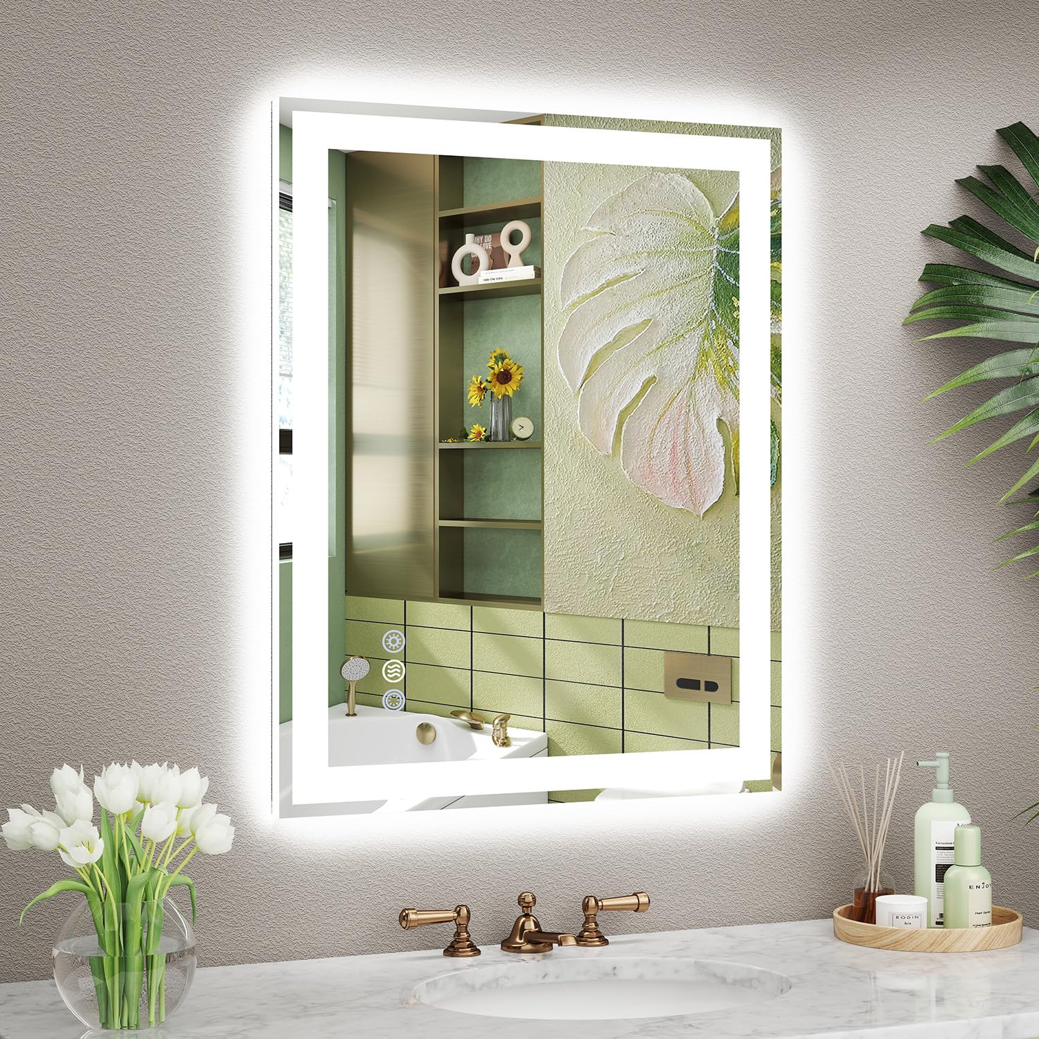 24x30 led bathroom mirror with lights, super bright front & backlit vanity mirror for wall, anti-fog & memory smart mirror, 5mm shatter-proof tempered glass, etl listed, vertical/horizontal