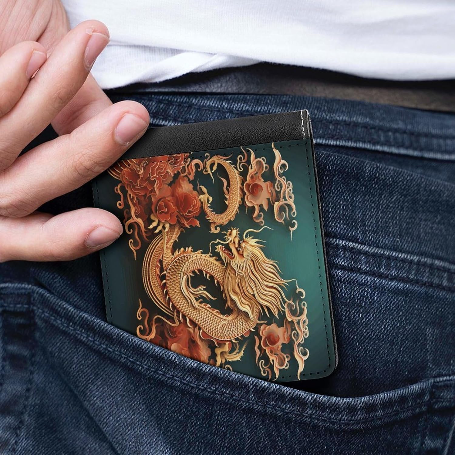 Dragon Chinese Background Leather Wallet for Men Extra Capacity Travel Wallets Thin Stylish Bifold Wallet Minimalist Front Pocket