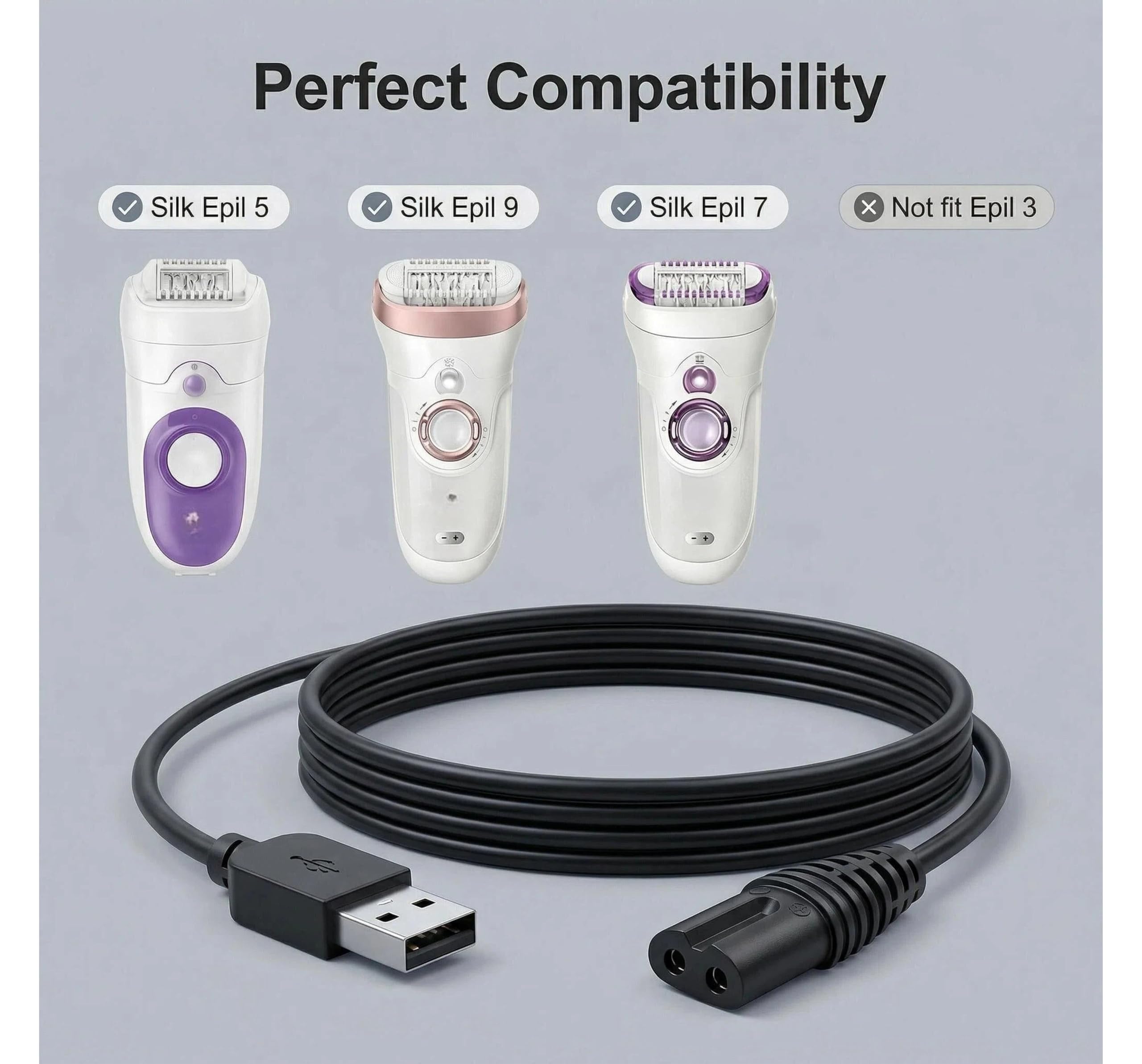 Ricambio Cavo Alimentatore USB 12V per Epilatore compatibile con Braun Silk-épil 9 Flex 5 7 9 Caricatore di Sostituzione